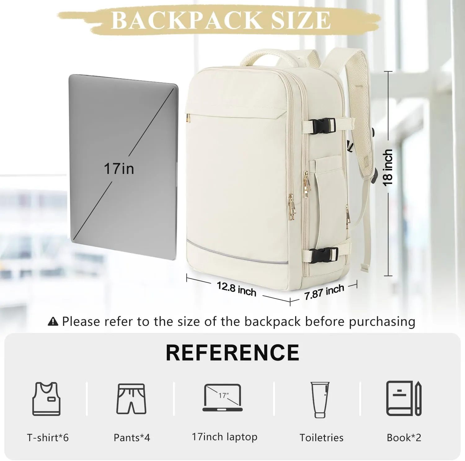 Large Travel Backpack, 40L Carry on Backpack flight Approved, Waterproof Personal Item Size Travel Bag for College, Business, Hiking, Work, Beige