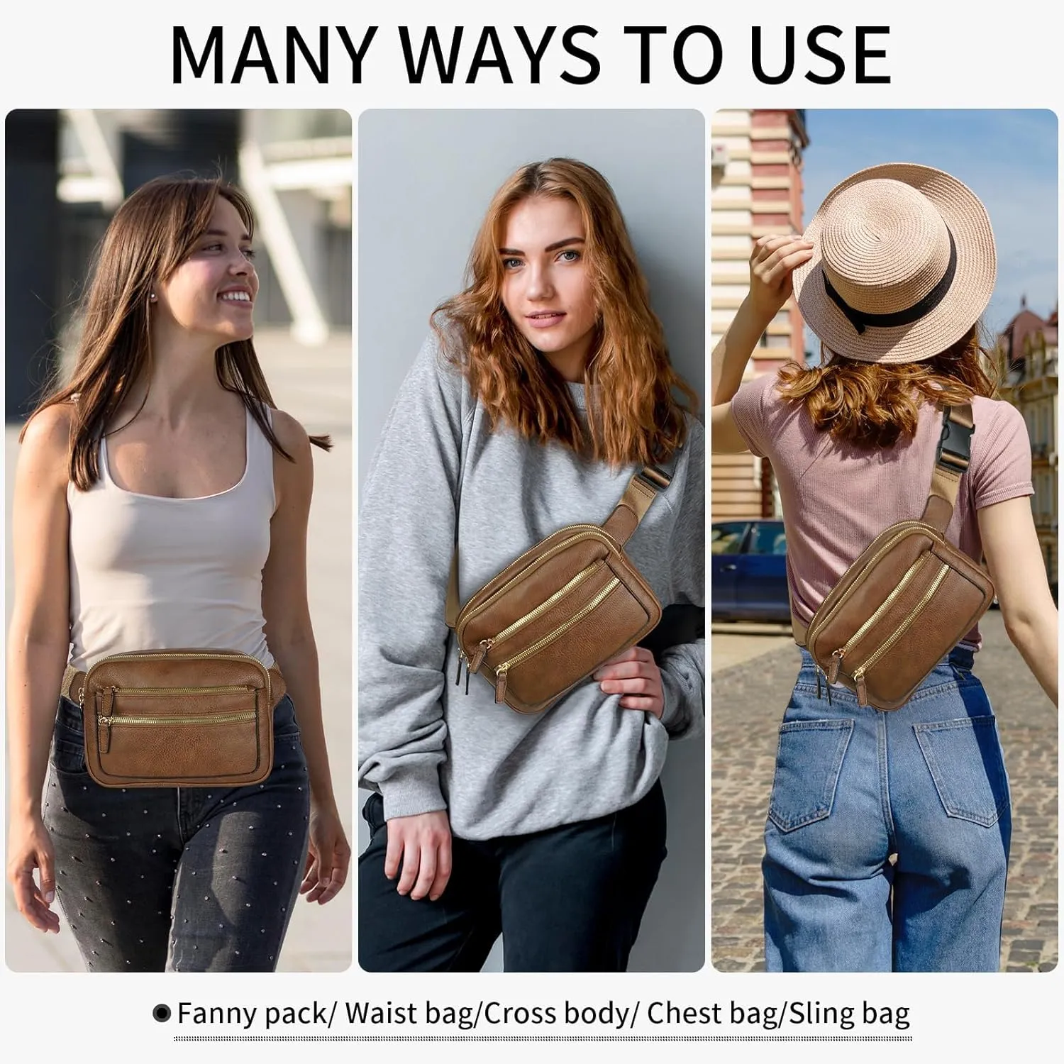 Leather Fanny Pack for Women Men Belt Bag with Multi-function Pocket, Crossbody Fanny Packs for Women Fashion Waist Packs with Adjustable Straps Cross Body Bag Travel Chest Bag