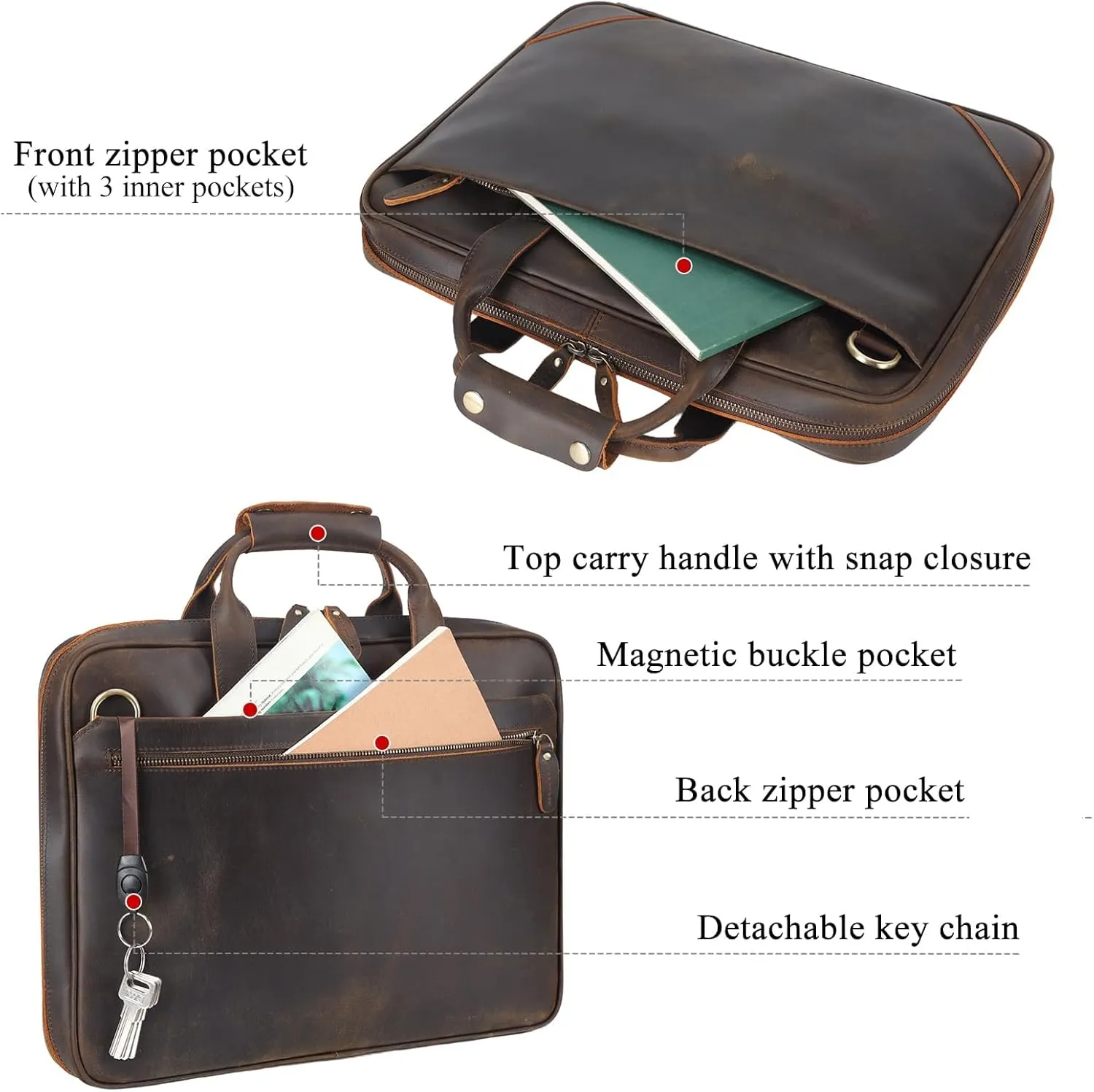 Leather Slim Briefcase for Men 15.6" Laptop Crossbody Messenger Bag Business Work Lawyer Attache Case