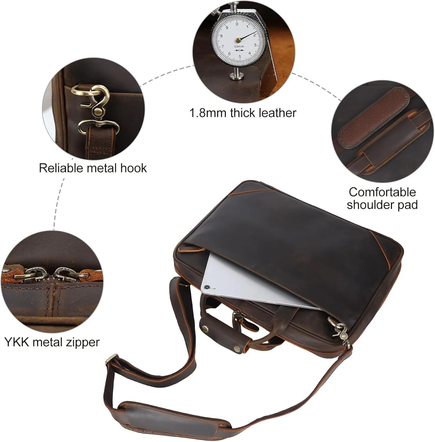 Leather Slim Briefcase for Men 15.6" Laptop Crossbody Messenger Bag Business Work Lawyer Attache Case