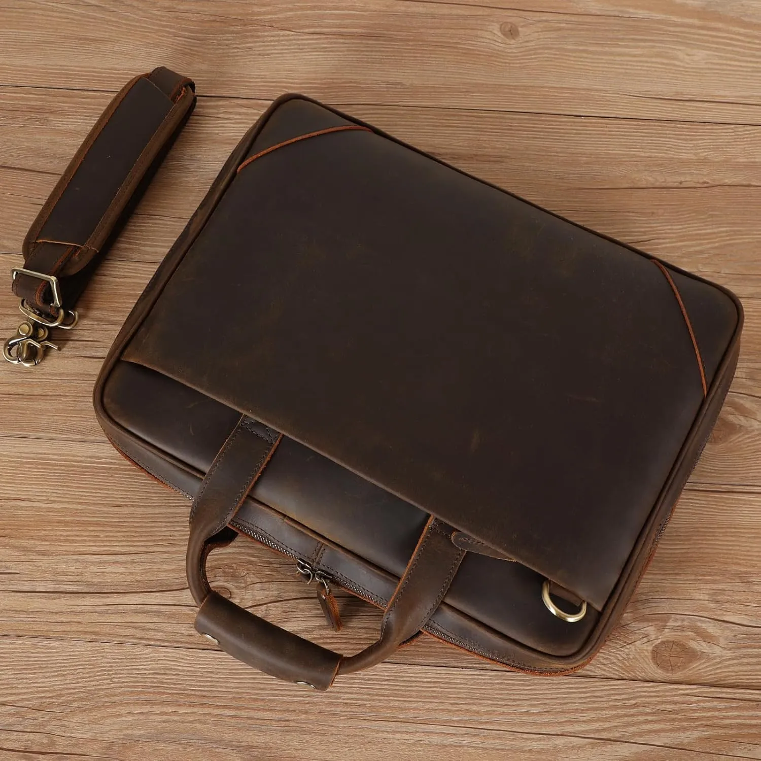 Leather Slim Briefcase for Men 15.6" Laptop Crossbody Messenger Bag Business Work Lawyer Attache Case