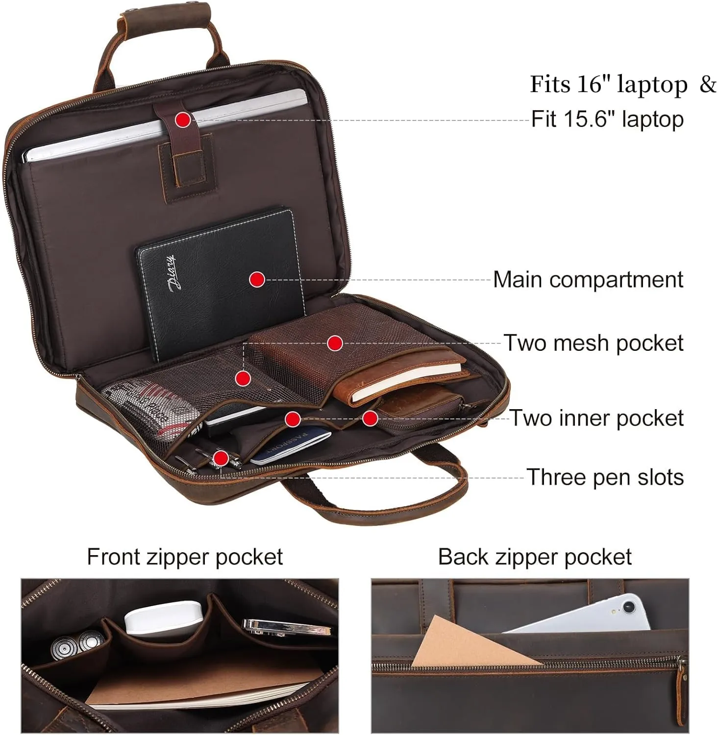 Leather Slim Briefcase for Men 15.6" Laptop Crossbody Messenger Bag Business Work Lawyer Attache Case