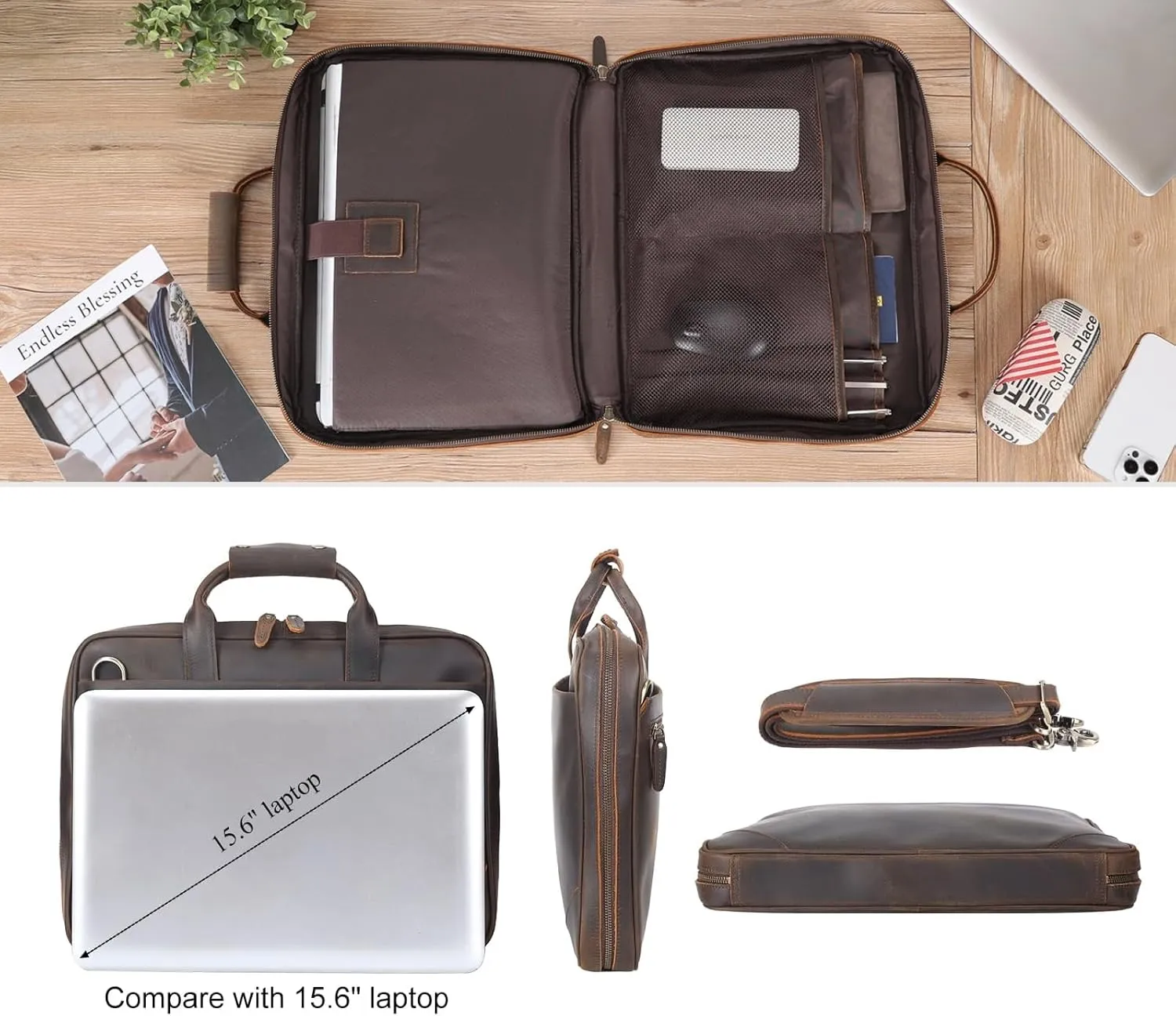 Leather Slim Briefcase for Men 15.6" Laptop Crossbody Messenger Bag Business Work Lawyer Attache Case