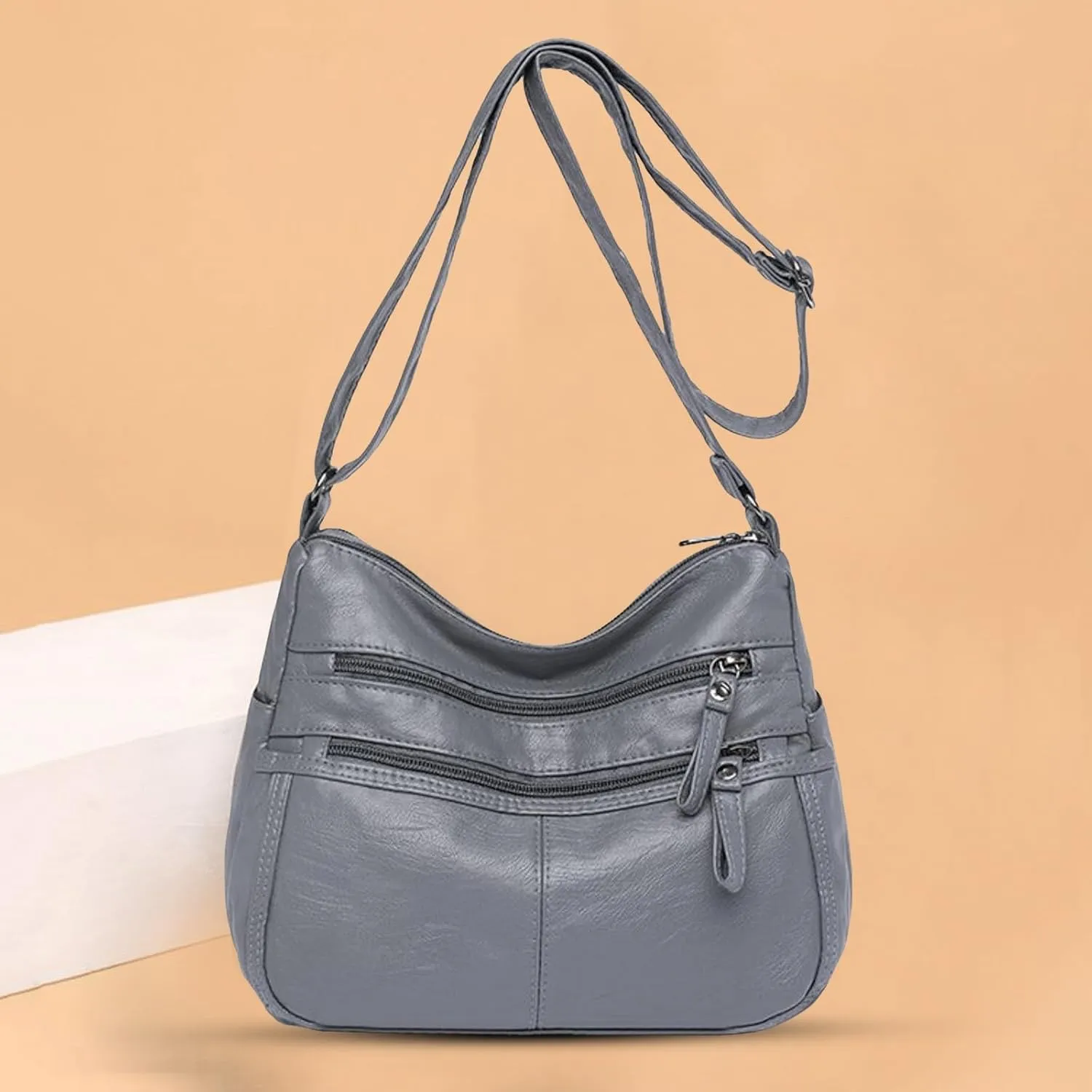 Lightweight 3 Compartment Faux Leather Medium Hobo Bag Hobo, Silver