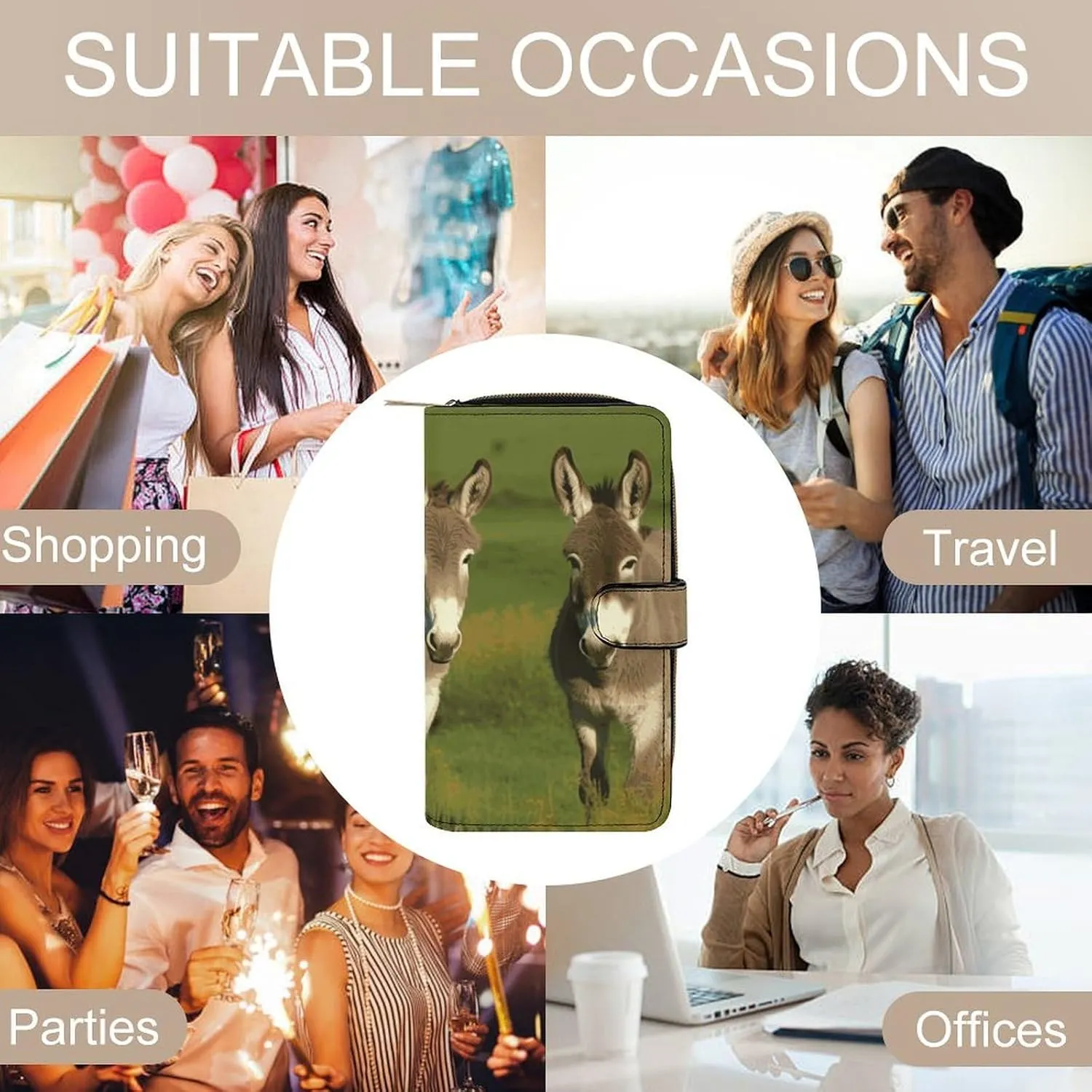 Long Wallet for Women Leather Wallet for Men Large Capacity Wristlet Wallets With 12 Card Holder Donkey on Green Meadow Change Purse