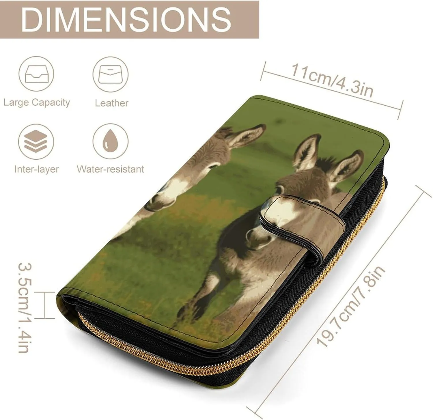 Long Wallet for Women Leather Wallet for Men Large Capacity Wristlet Wallets With 12 Card Holder Donkey on Green Meadow Change Purse