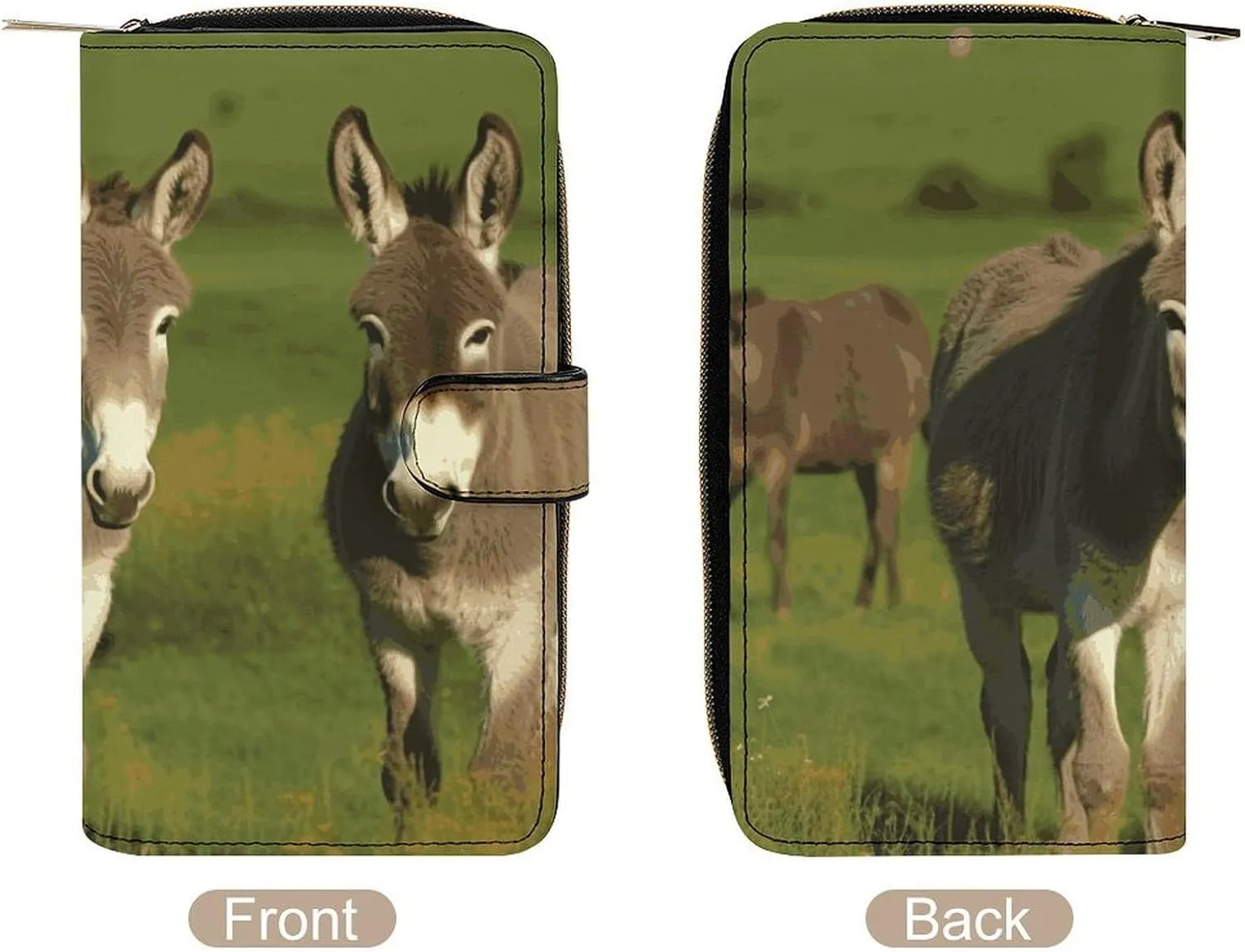 Long Wallet for Women Leather Wallet for Men Large Capacity Wristlet Wallets With 12 Card Holder Donkey on Green Meadow Change Purse