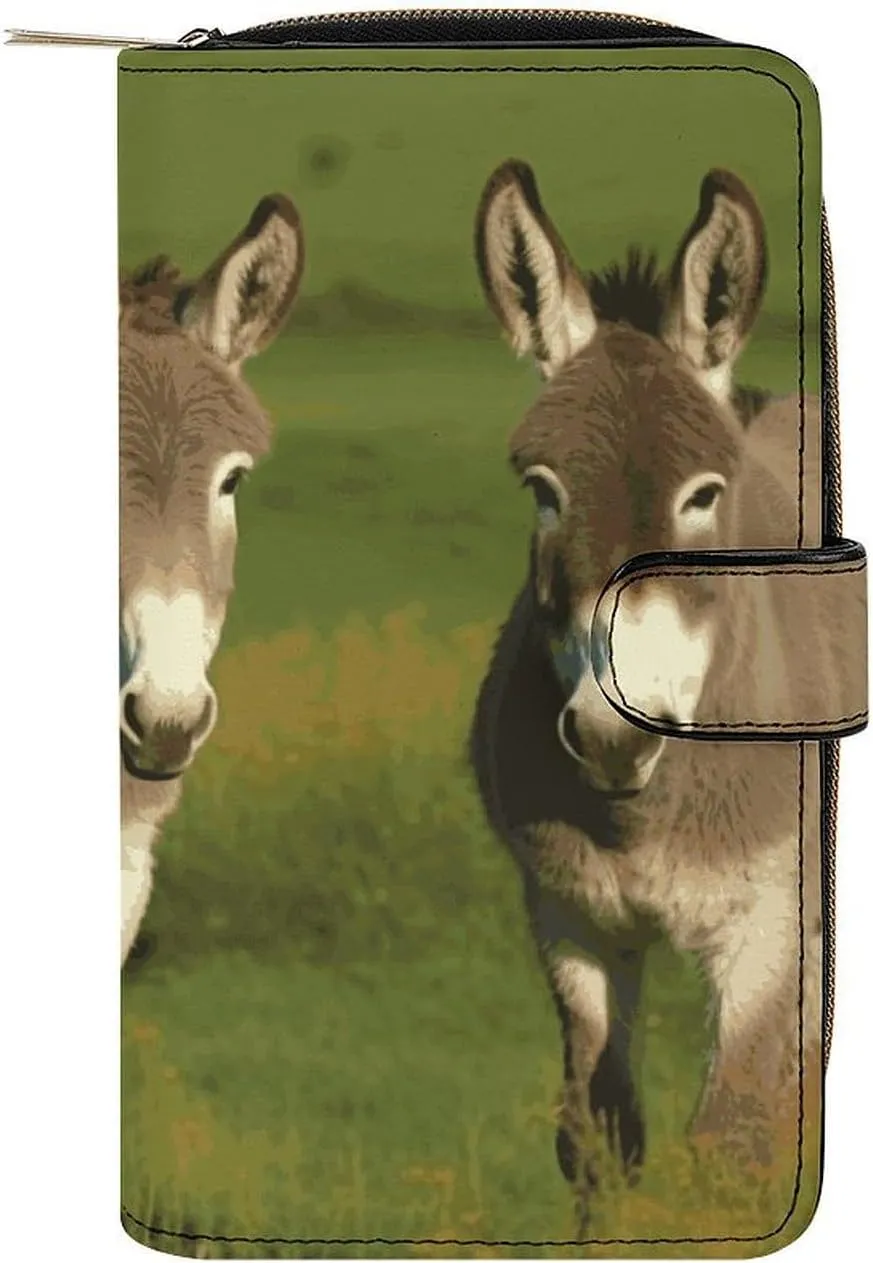 Long Wallet for Women Leather Wallet for Men Large Capacity Wristlet Wallets With 12 Card Holder Donkey on Green Meadow Change Purse