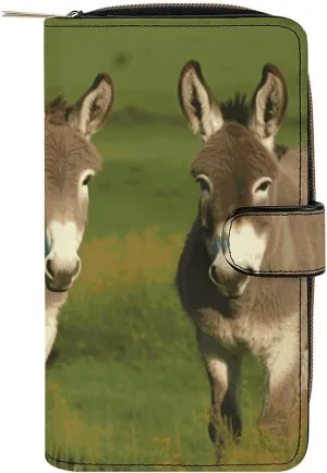 Long Wallet for Women Leather Wallet for Men Large Capacity Wristlet Wallets With 12 Card Holder Donkey on Green Meadow Change Purse