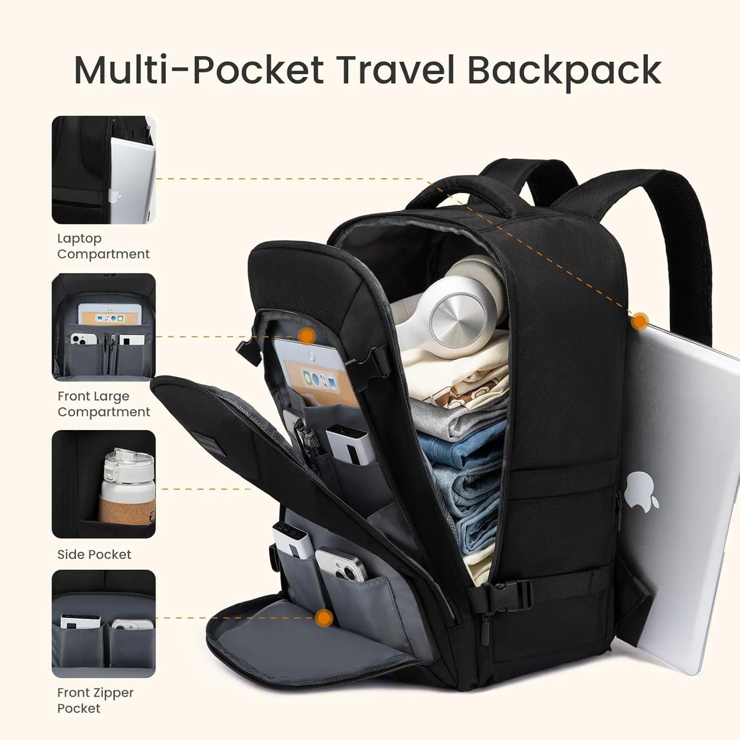 LOVEVOOK Travel Backpack,Expandable 50L Extra Large Travel Backpack for Men & Women,Carry on Backpack for Airplanes with 2 Packing Cubes, TSA Personal Item Travel Bag fits 18 inch Laptop,Black