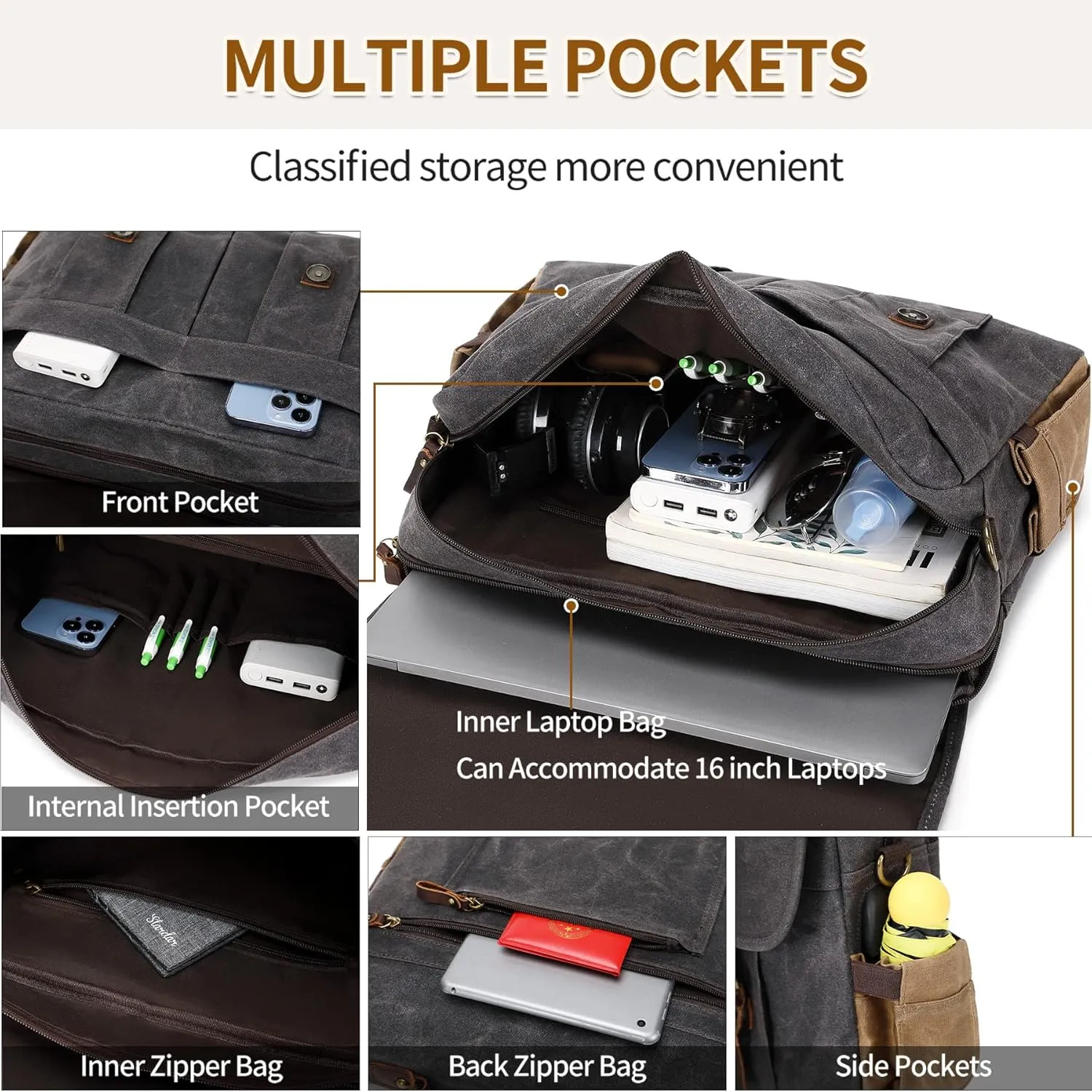 Messenger Bag for Men 15.6 Inch Vintage Canvas Genuine Leather Briefcase for Men Laptop Bag Satchel Shoulder Bag