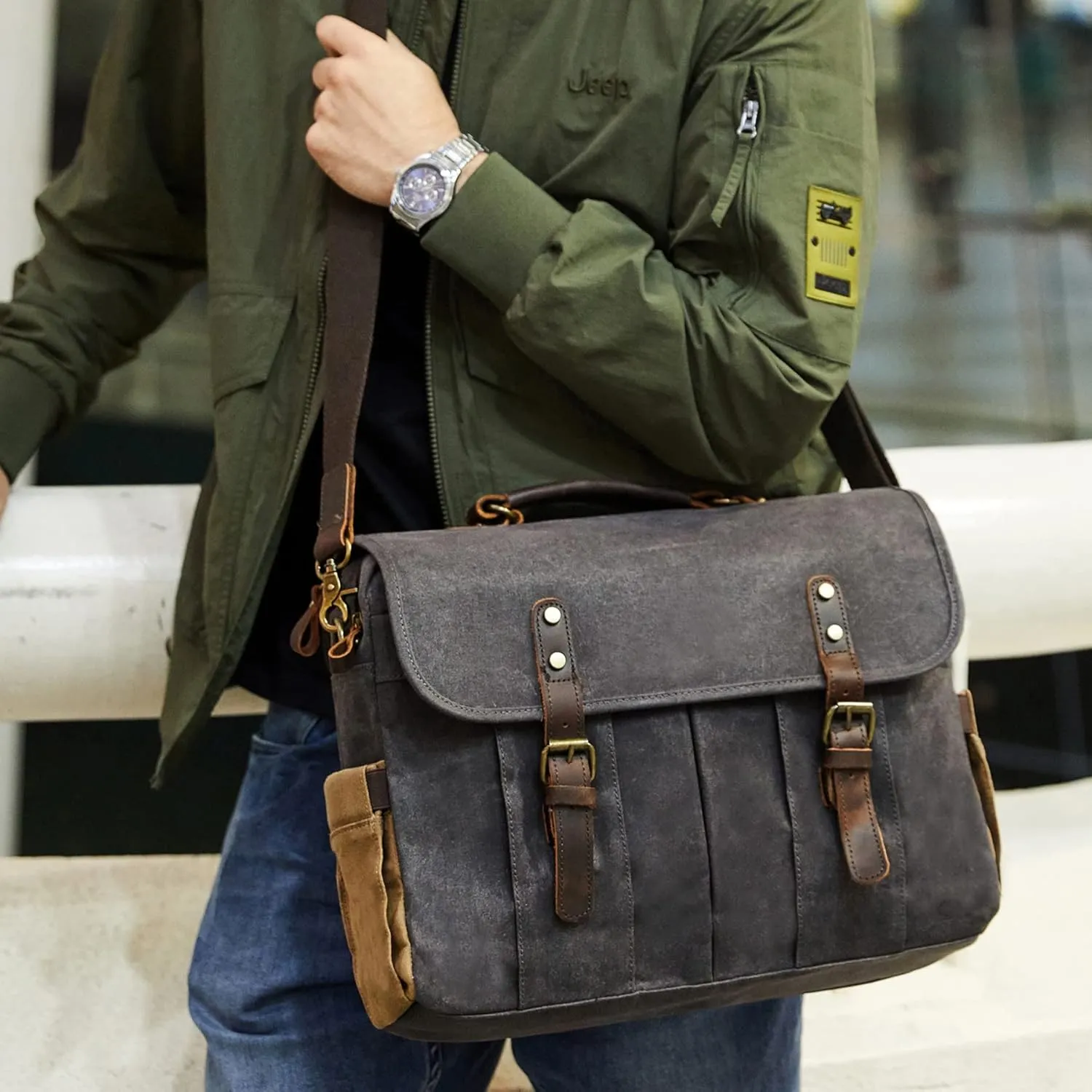 Messenger Bag for Men 15.6 Inch Vintage Canvas Genuine Leather Briefcase for Men Laptop Bag Satchel Shoulder Bag