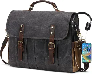 Messenger Bag for Men 15.6 Inch Vintage Canvas Genuine Leather Briefcase for Men Laptop Bag Satchel Shoulder Bag