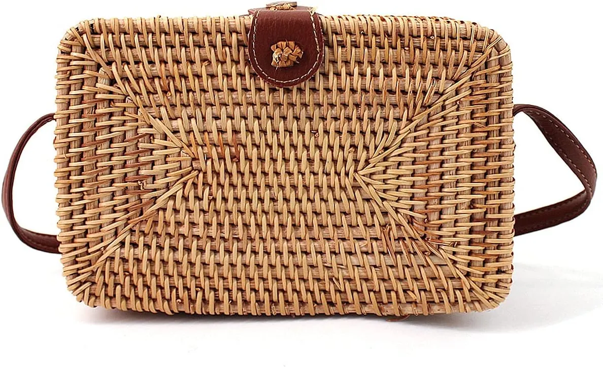 Mini Rattan Handwoven Cross-body Bag Small Faux Leather Strap Shoulder Bag Beach Handbag Clutch