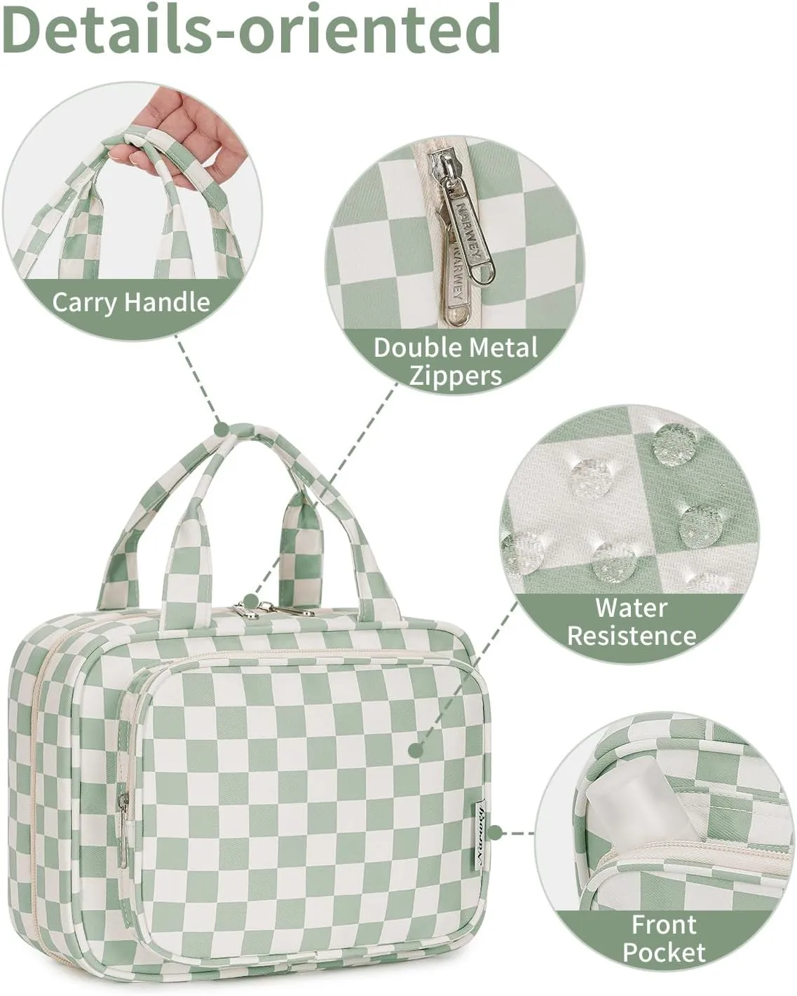 Narwey Travel Toiletry Bag for Women Large Hanging Makeup Bag Organizer Toiletries Bag for Full Size Essentials Accessories Cosmetics (Mint Green Checkerboard (Large))