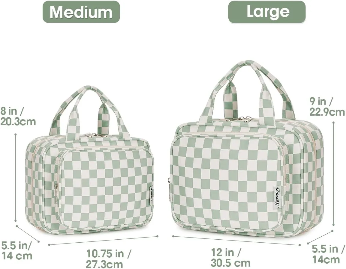 Narwey Travel Toiletry Bag for Women Large Hanging Makeup Bag Organizer Toiletries Bag for Full Size Essentials Accessories Cosmetics (Mint Green Checkerboard (Large))