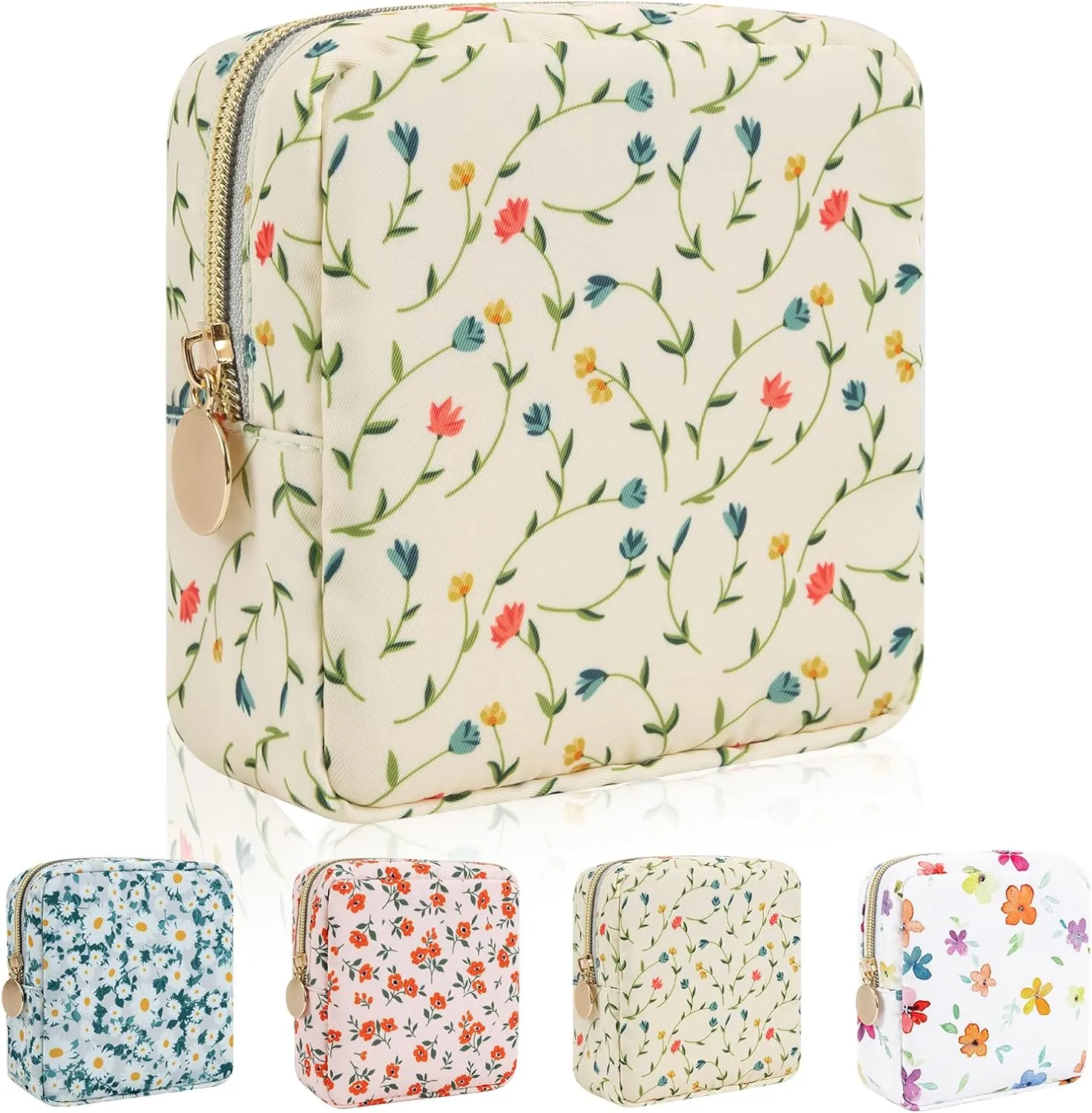 Nylon Floral Mini Makeup Bag for Purse, Cute Preppy Small Cosmetic Bag Waterproof Make Up Pouch with Zipper, Travel Toiletry Bag Coin Purse Sanitary Napkin Storage Bag for Women Girls(Vine Flower)