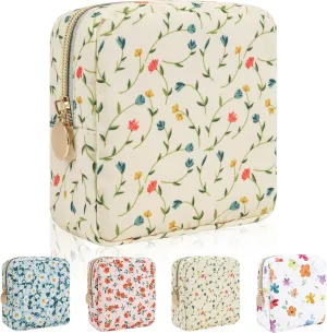 Nylon Floral Mini Makeup Bag for Purse, Cute Preppy Small Cosmetic Bag Waterproof Make Up Pouch with Zipper, Travel Toiletry Bag Coin Purse Sanitary Napkin Storage Bag for Women Girls(Vine Flower)