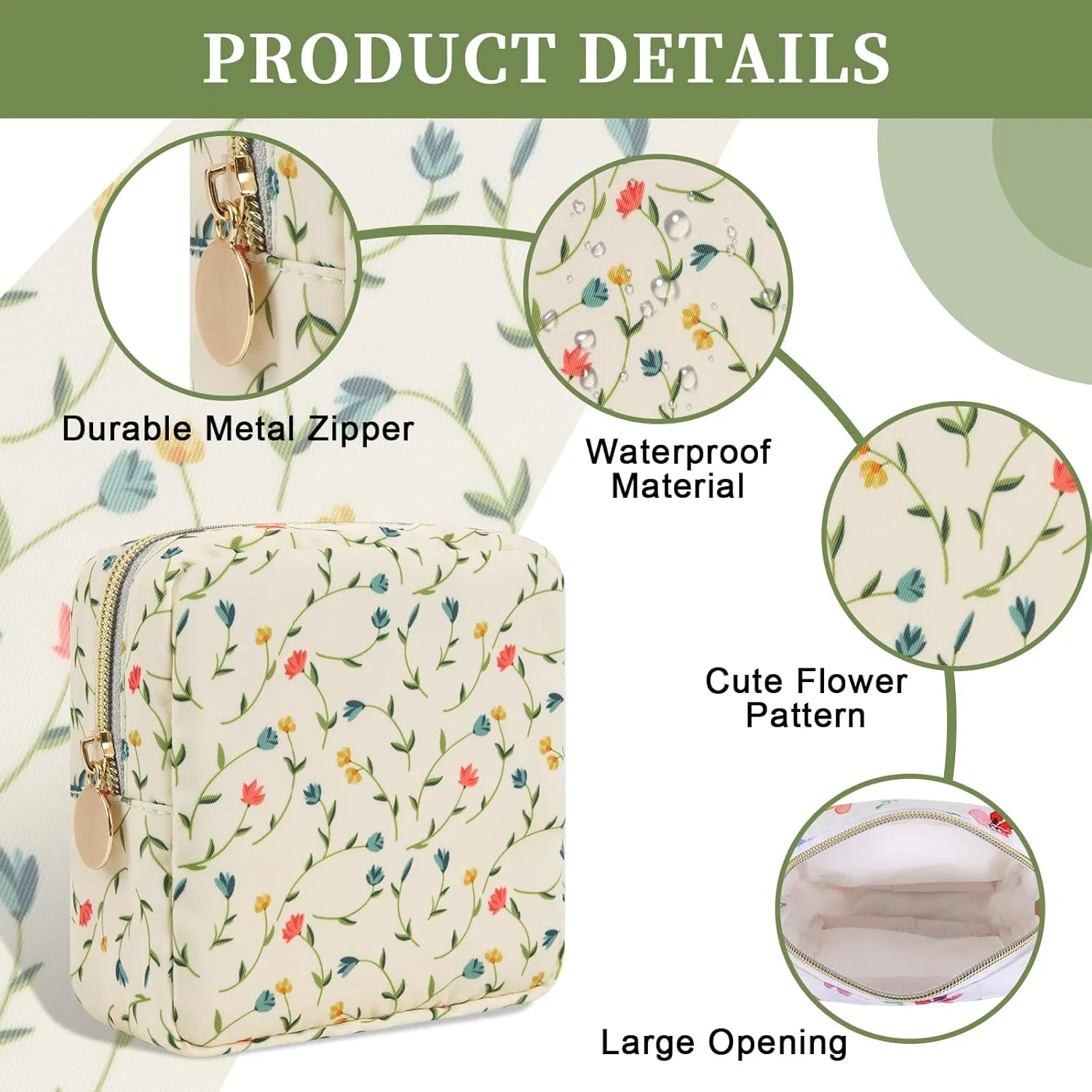 Nylon Floral Mini Makeup Bag for Purse, Cute Preppy Small Cosmetic Bag Waterproof Make Up Pouch with Zipper, Travel Toiletry Bag Coin Purse Sanitary Napkin Storage Bag for Women Girls(Vine Flower)
