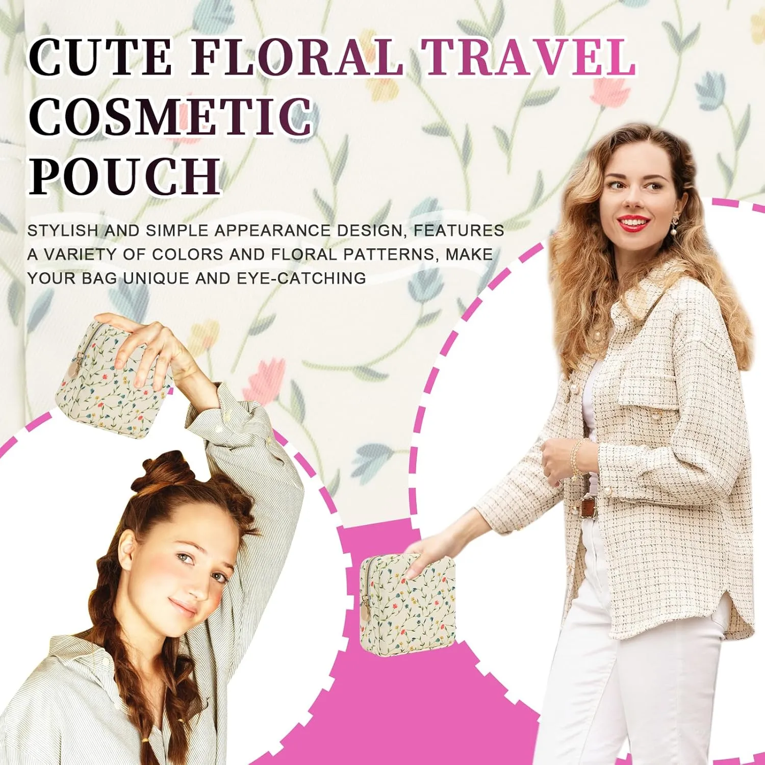 Nylon Floral Mini Makeup Bag for Purse, Cute Preppy Small Cosmetic Bag Waterproof Make Up Pouch with Zipper, Travel Toiletry Bag Coin Purse Sanitary Napkin Storage Bag for Women Girls(Vine Flower)