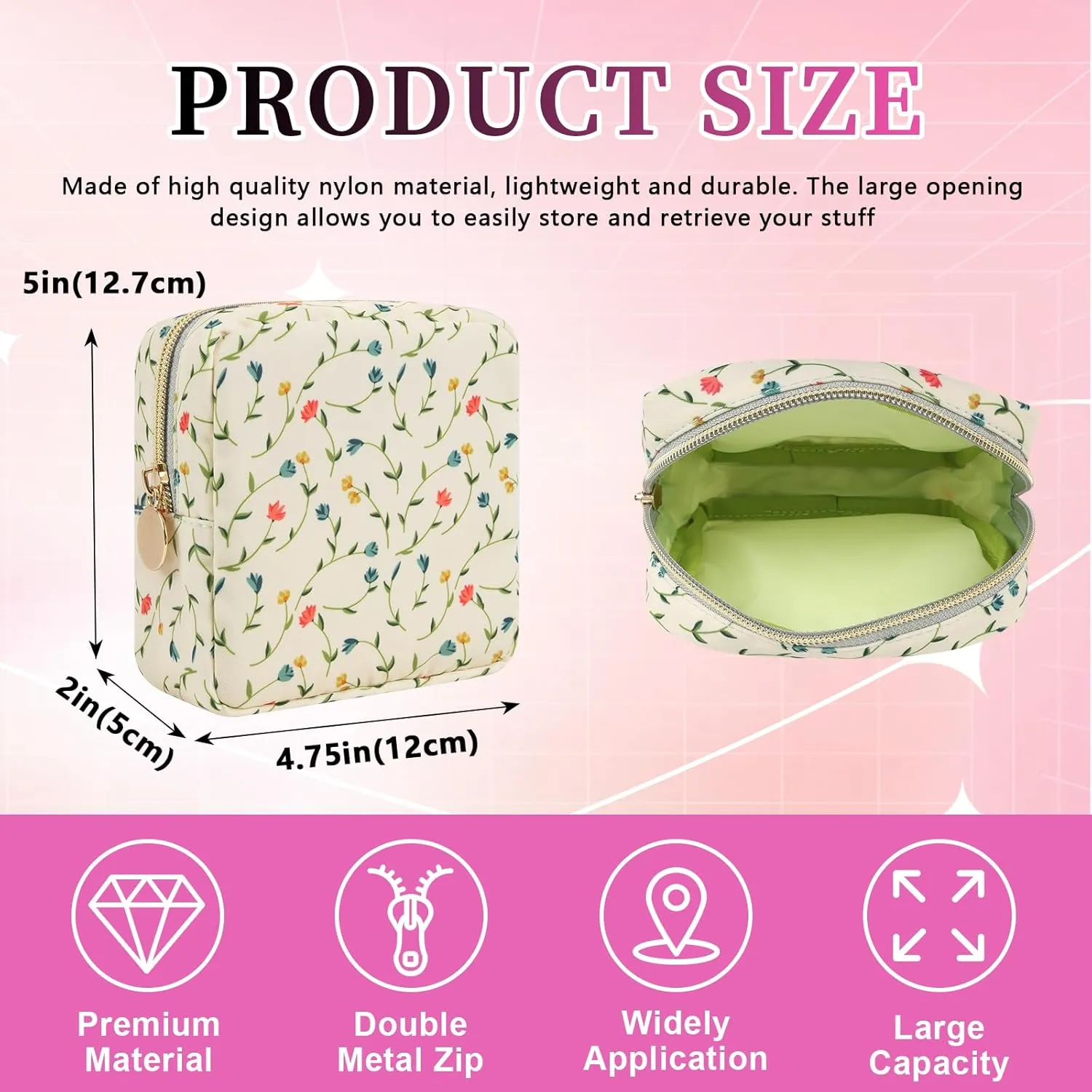 Nylon Floral Mini Makeup Bag for Purse, Cute Preppy Small Cosmetic Bag Waterproof Make Up Pouch with Zipper, Travel Toiletry Bag Coin Purse Sanitary Napkin Storage Bag for Women Girls(Vine Flower)