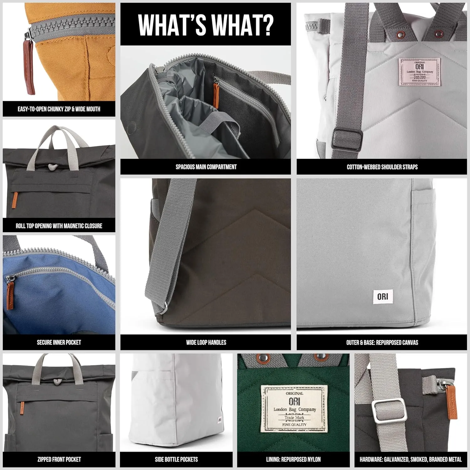 ORI LONDON Rolltop Backpack - Medium Travel Backpack with Lots of Pockets for Men & Women - The Finchley, Moss