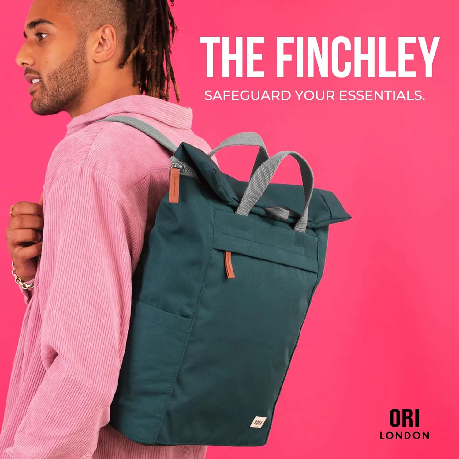 ORI LONDON Rolltop Backpack - Medium Travel Backpack with Lots of Pockets for Men & Women - The Finchley, Moss