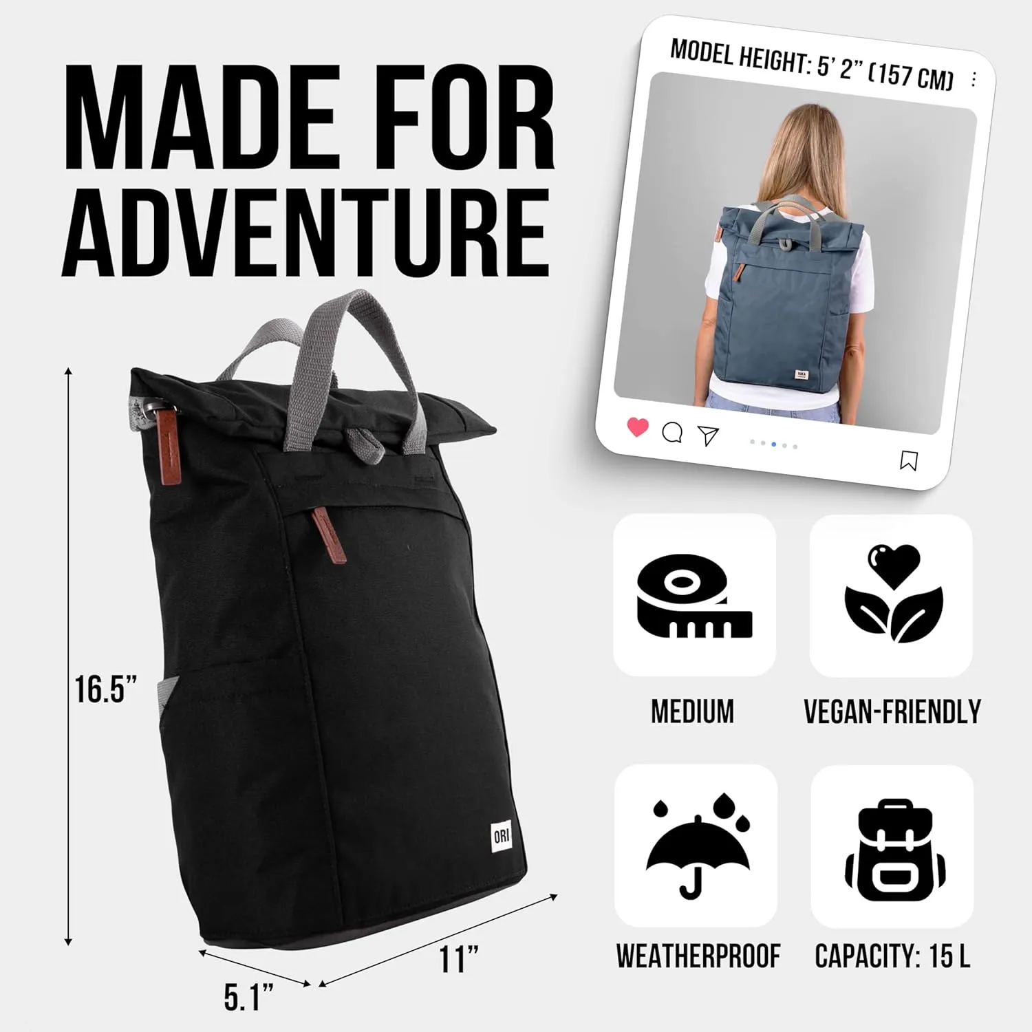 ORI LONDON Rolltop Backpack - Medium Travel Backpack with Lots of Pockets for Men & Women - The Finchley, Moss