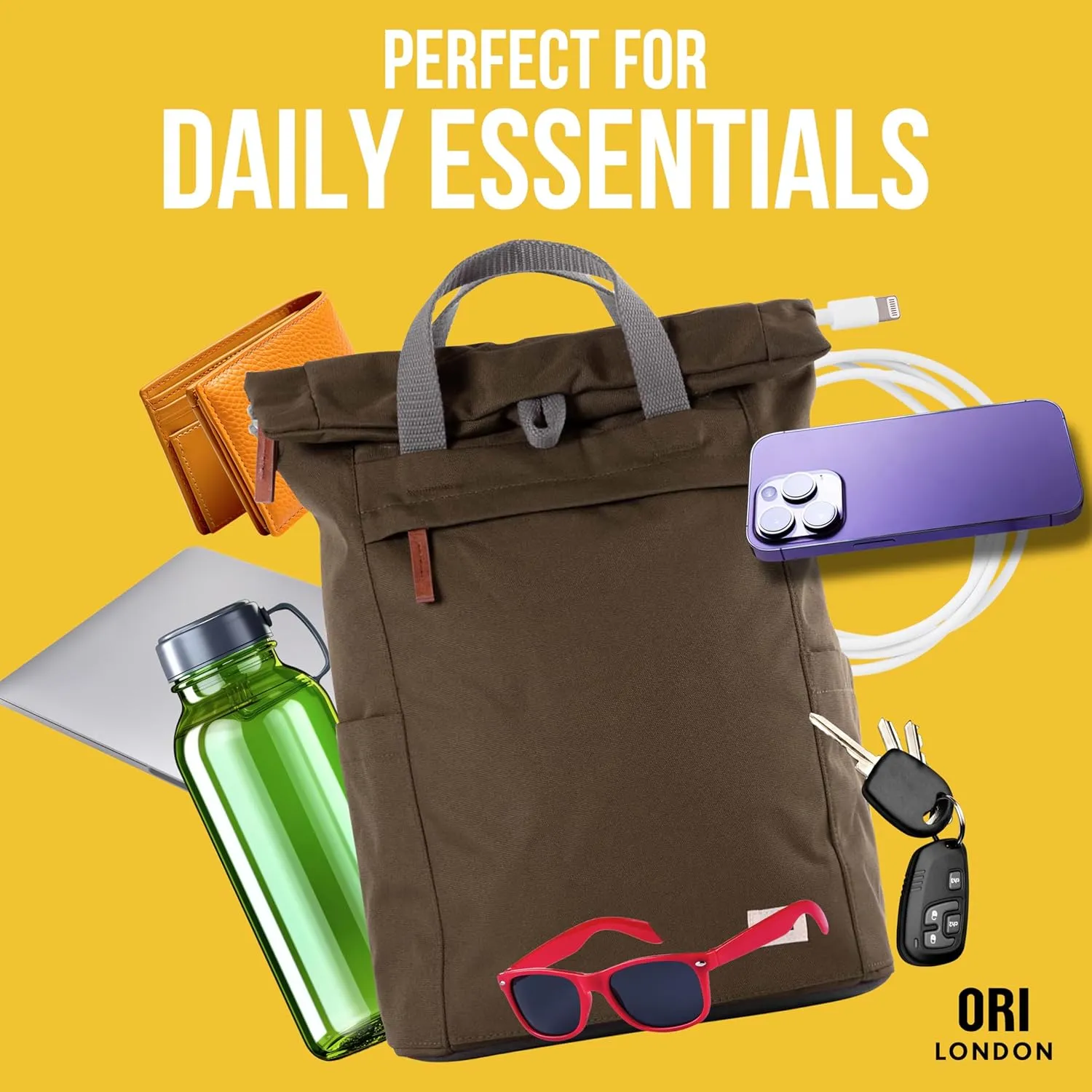 ORI LONDON Rolltop Backpack - Medium Travel Backpack with Lots of Pockets for Men & Women - The Finchley, Moss