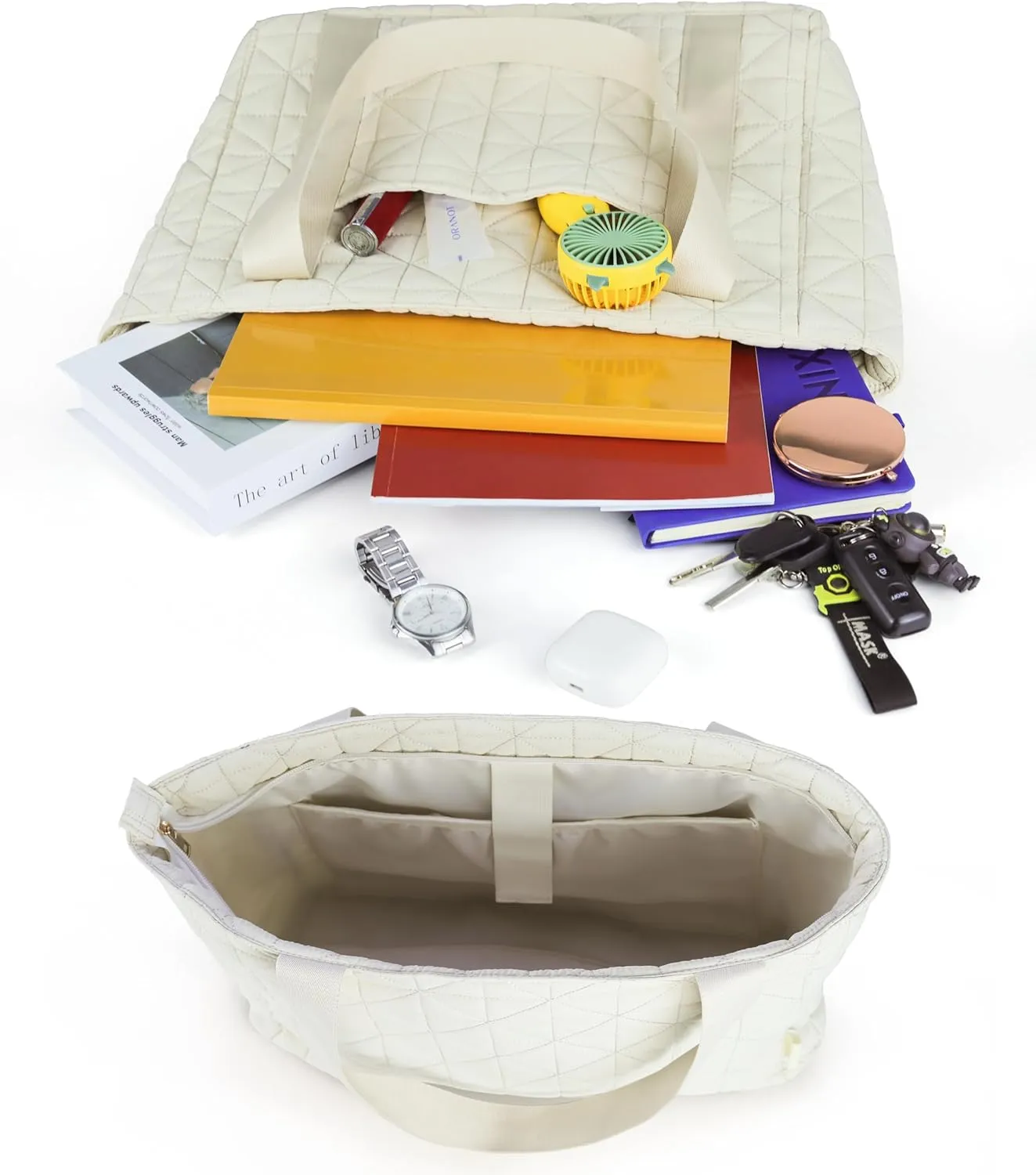 Puffer Tote Bag for Women, Large Quilted Puffy Handbag with Side Pockets Lightweight Shoulder Bag
