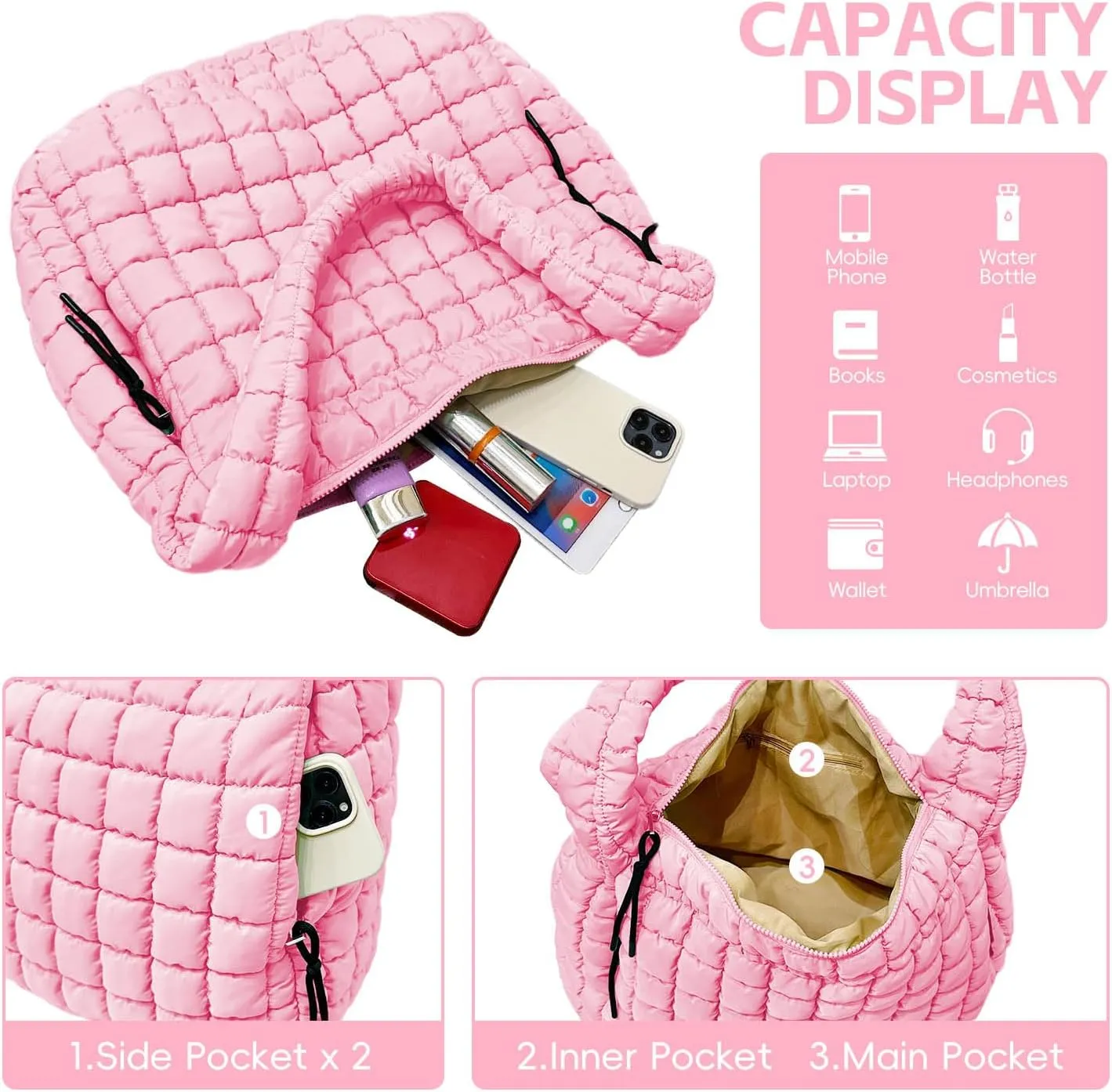 Puffer Tote, Quilted Puffer Hobo Bag, Lightweight Puffy Quilted Shoulder Bag for Work, Gym, Travel