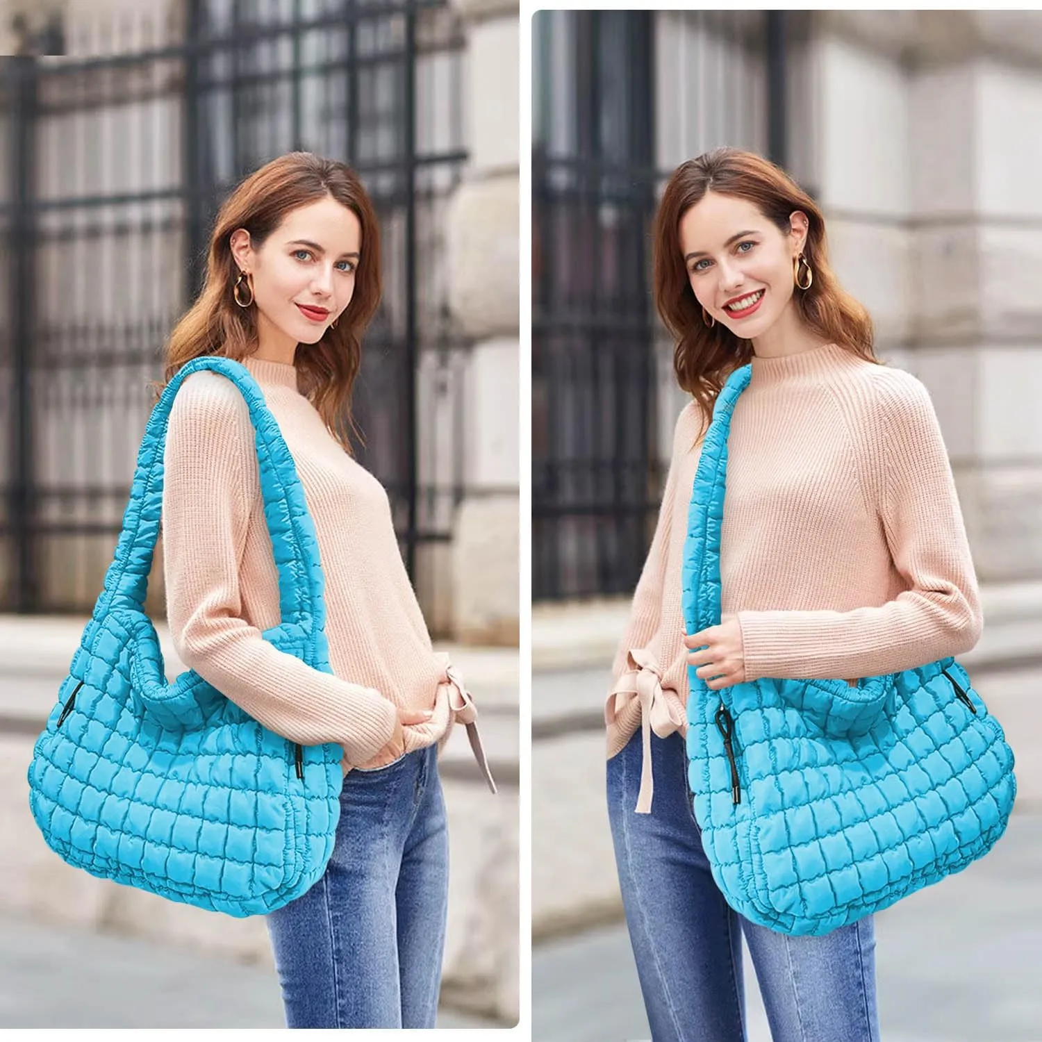 Puffer Tote, Quilted Puffer Hobo Bag, Lightweight Puffy Quilted Shoulder Bag for Work, Gym, Travel