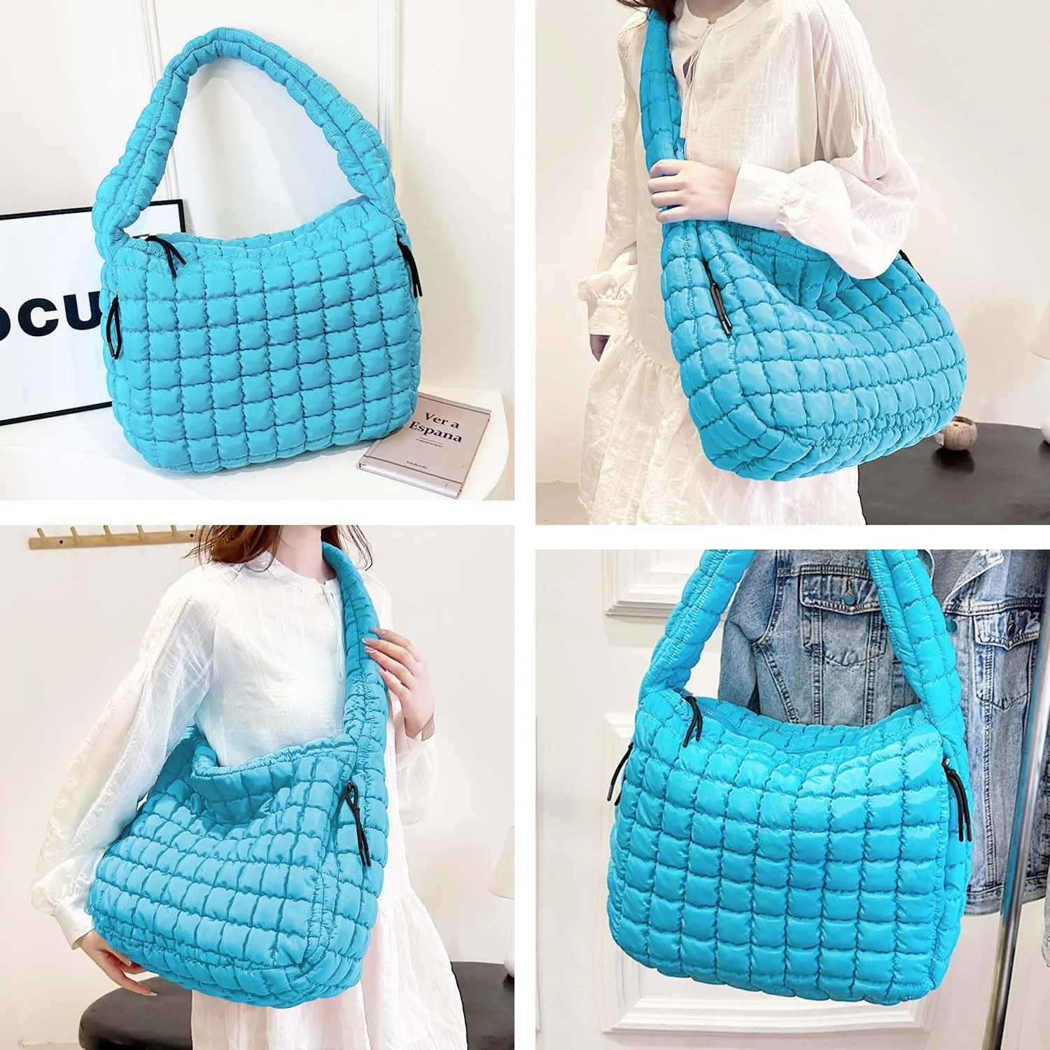 Puffer Tote, Quilted Puffer Hobo Bag, Lightweight Puffy Quilted Shoulder Bag for Work, Gym, Travel