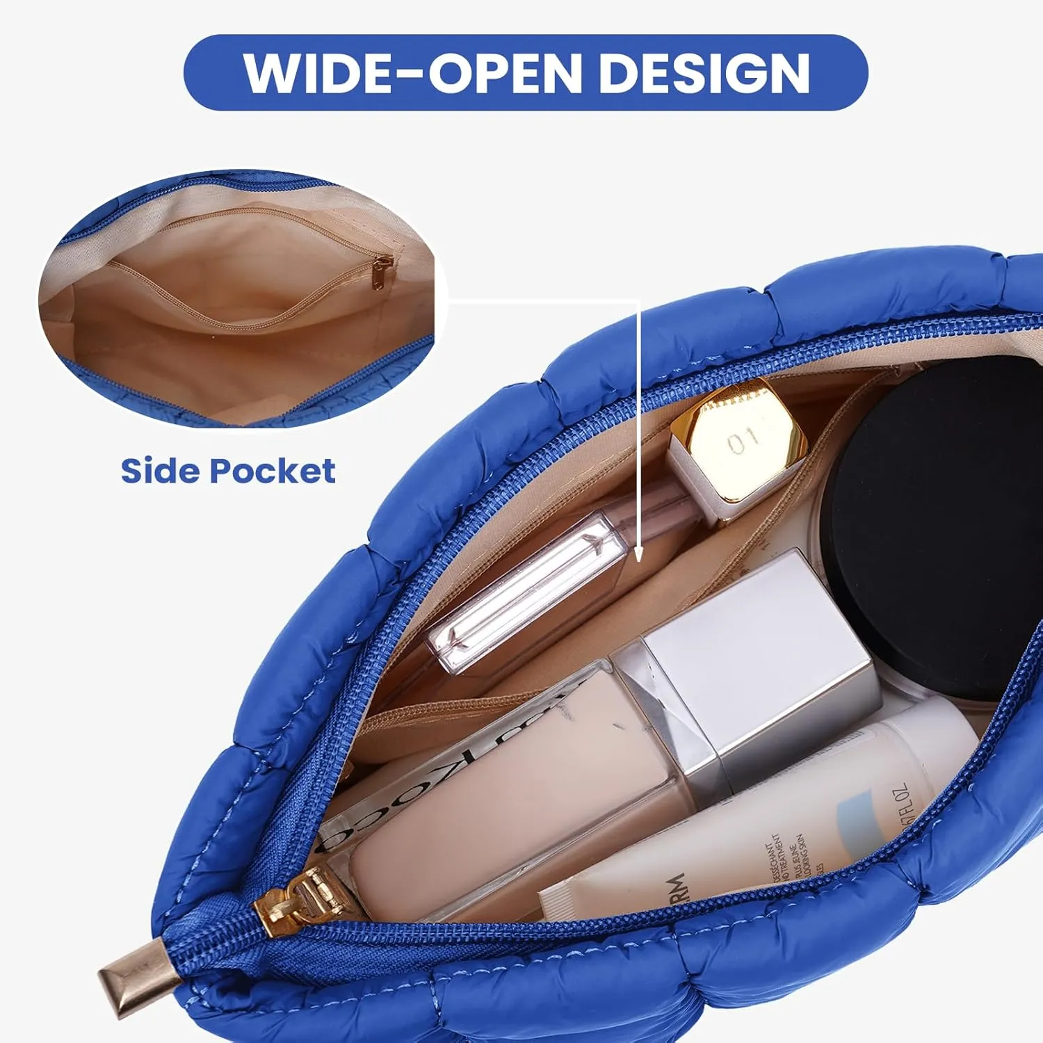 Puffy Quilted Makeup Bag Cosmetic Bags Travel Cute Puffer Solid Toiletry Organizer Pouch Storage Clutch for Women