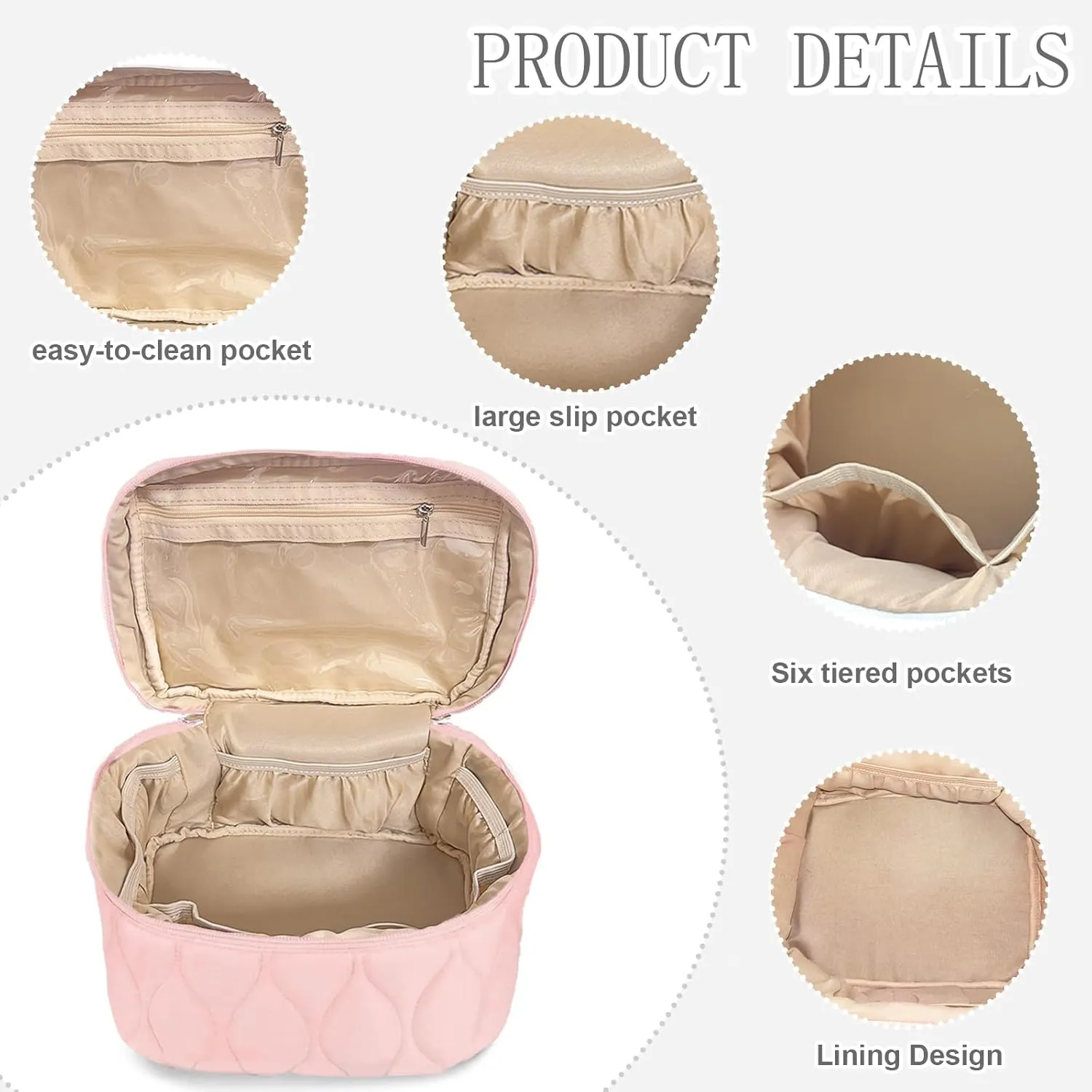Quilted Makeup Bag Set Coquette Cosmetic Bag Toiletry Travel Organizer, Small Medium Large, Cute Portable Puffy for Women Girls, Pink