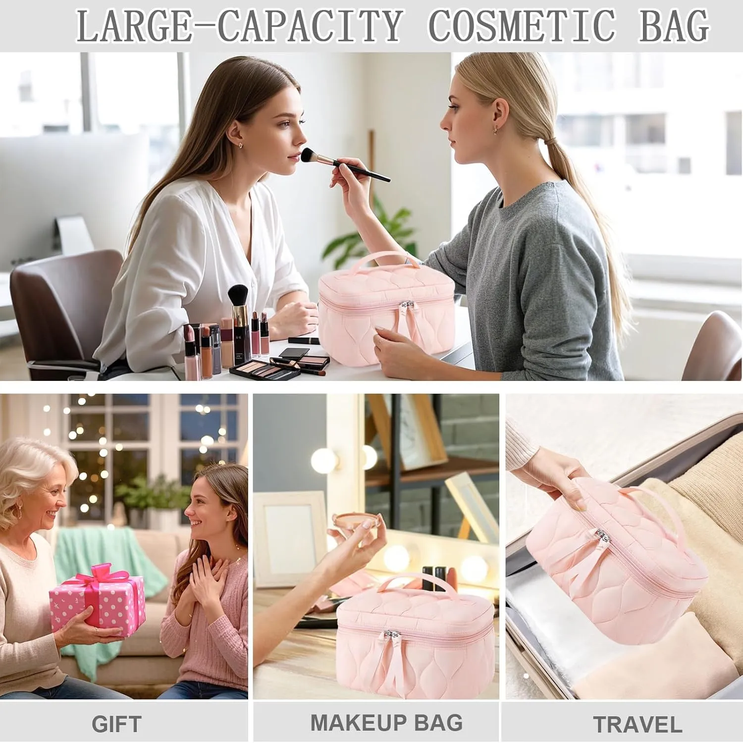 Quilted Makeup Bag Set Coquette Cosmetic Bag Toiletry Travel Organizer, Small Medium Large, Cute Portable Puffy for Women Girls, Pink