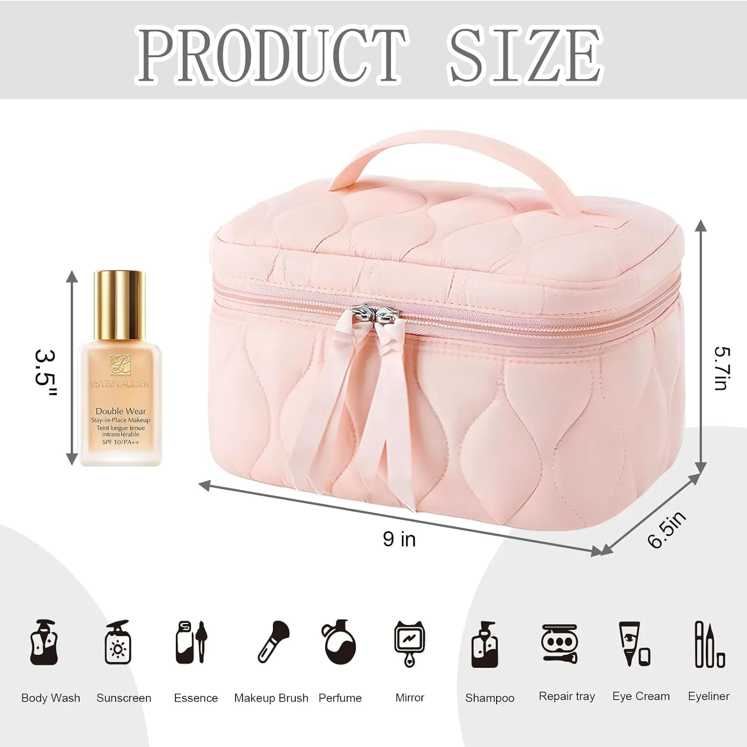 Quilted Makeup Bag Set Coquette Cosmetic Bag Toiletry Travel Organizer, Small Medium Large, Cute Portable Puffy for Women Girls, Pink