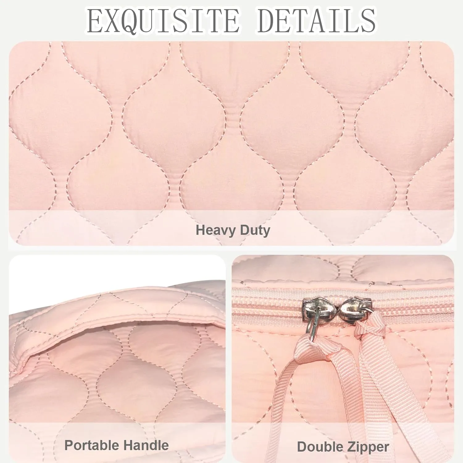 Quilted Makeup Bag Set Coquette Cosmetic Bag Toiletry Travel Organizer, Small Medium Large, Cute Portable Puffy for Women Girls, Pink