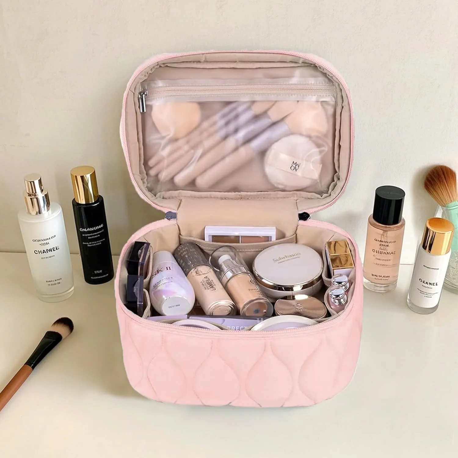 Quilted Makeup Bag Set Coquette Cosmetic Bag Toiletry Travel Organizer, Small Medium Large, Cute Portable Puffy for Women Girls, Pink