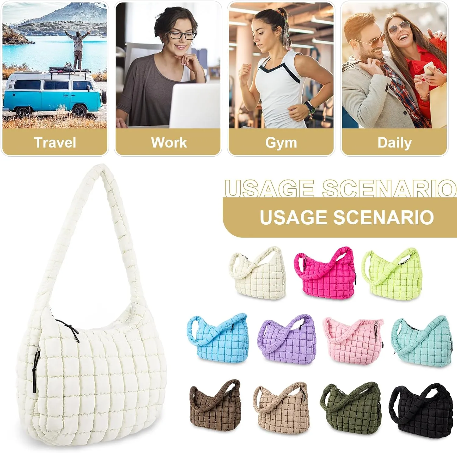 Quilted Puffer Tote Bag Purse Puffy Crossbody Shoulder Bag,Lightweight Nylon Hobo Bag Puffer Carryall Bag for Women Girl