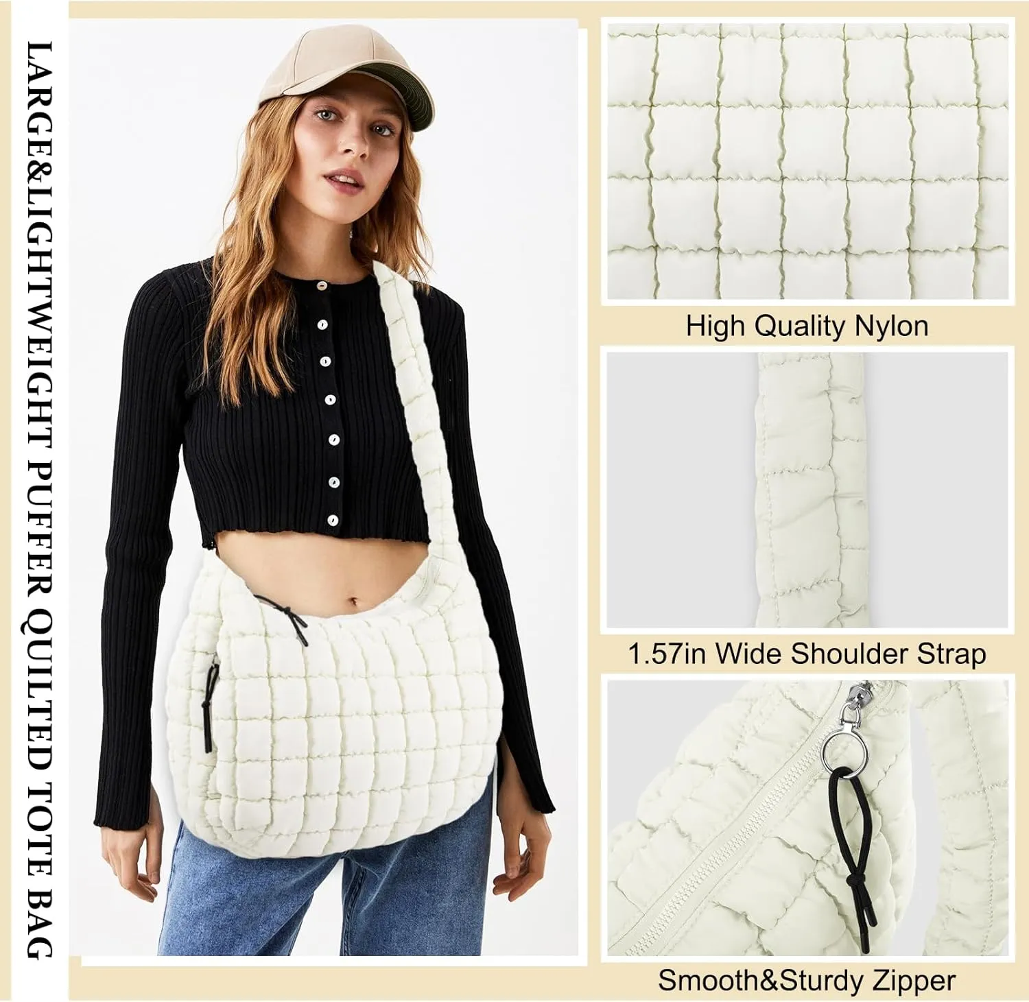 Quilted Puffer Tote Bag Purse Puffy Crossbody Shoulder Bag,Lightweight Nylon Hobo Bag Puffer Carryall Bag for Women Girl