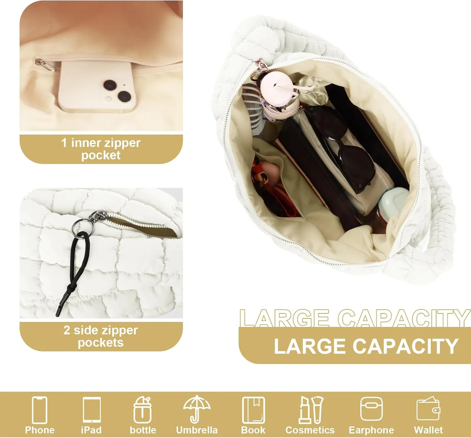 Quilted Puffer Tote Bag Purse Puffy Crossbody Shoulder Bag,Lightweight Nylon Hobo Bag Puffer Carryall Bag for Women Girl