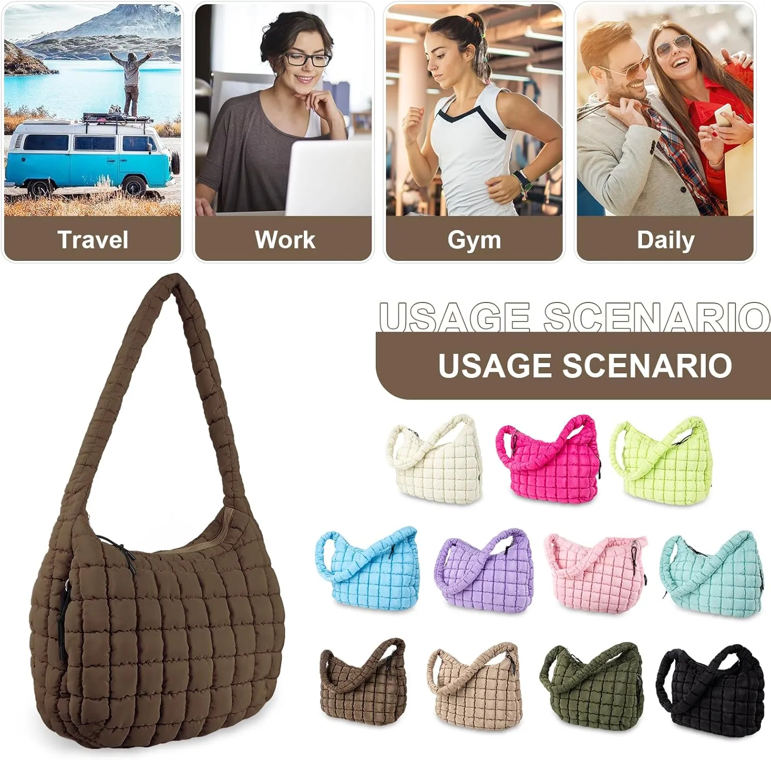 Quilted Puffer Tote Bag Purse Puffy Crossbody Shoulder Bag,Lightweight Nylon Hobo Bag Puffer Carryall Bag for Women Girl