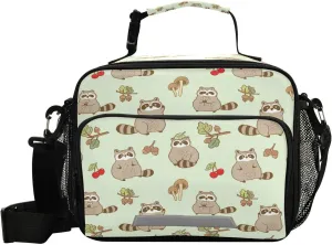 Raccoon Cherry Hazelnut Kid's Lunch Bags for Boys Girls Mushroom Lunch Bag Insulated Thermal Cooler Bags Reusable Organizer Tote Lunch Box with Adjustable Shoulder Strap for School Picnic Beach
