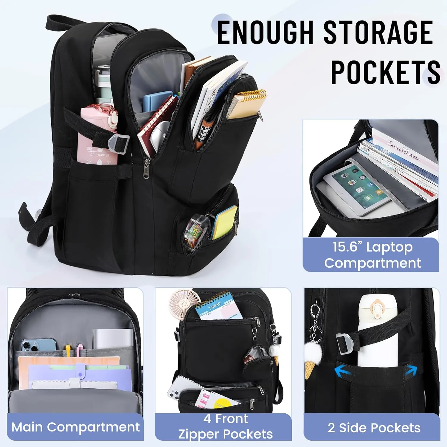 RAINSMORE Laptop Backpack for Women Teen Girls Cute College Backpack 15.6 Inch Bookbag Casual Backpacks for Travel Work Commuter, Black