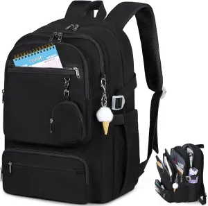 RAINSMORE Laptop Backpack for Women Teen Girls Cute College Backpack 15.6 Inch Bookbag Casual Backpacks for Travel Work Commuter, Black