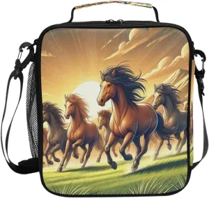 Running Horse Meadow Golden Lunch Box for Kids Girls Boys Insulated Lunch Bag for Women Men Reusable Cooler Bag Leakproof Tote Large with Adjustable Shoulder Strap for Picnic Travel Adult Work