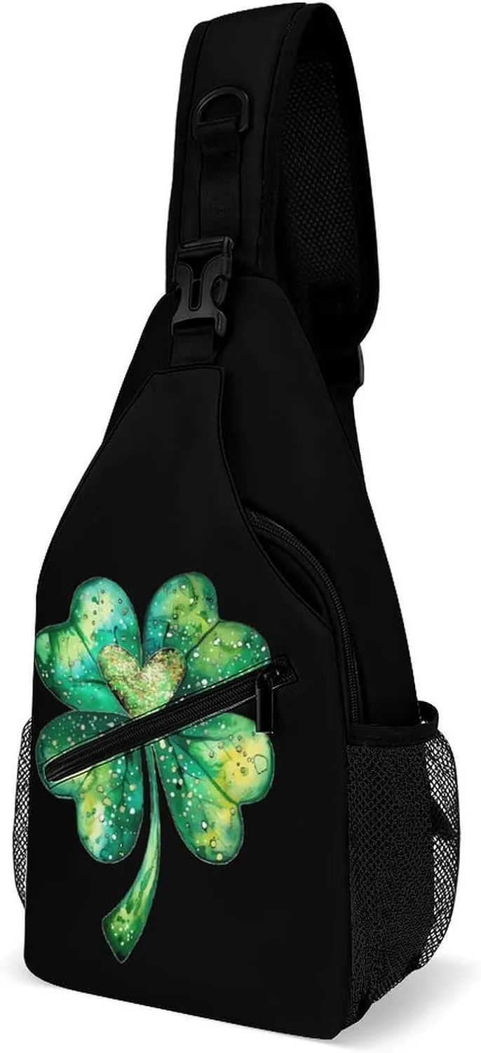 St Patricks Day Shamrock Heart Clover Crossbody Sling Bag Novelty Chest Bags Shoulder Backpack For Travel Hiking