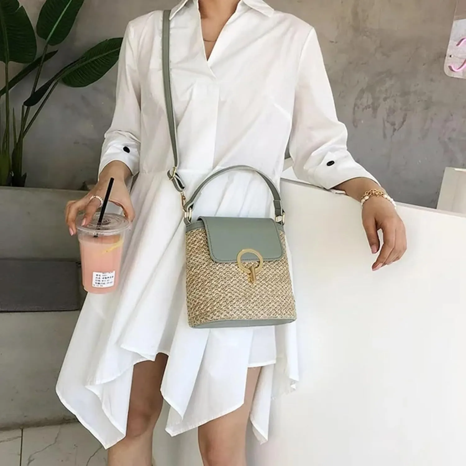 Straw Weave Women Ladies Bucket Handbags Summer Beach Shoulder Bags Lap Purse (C, One Size)