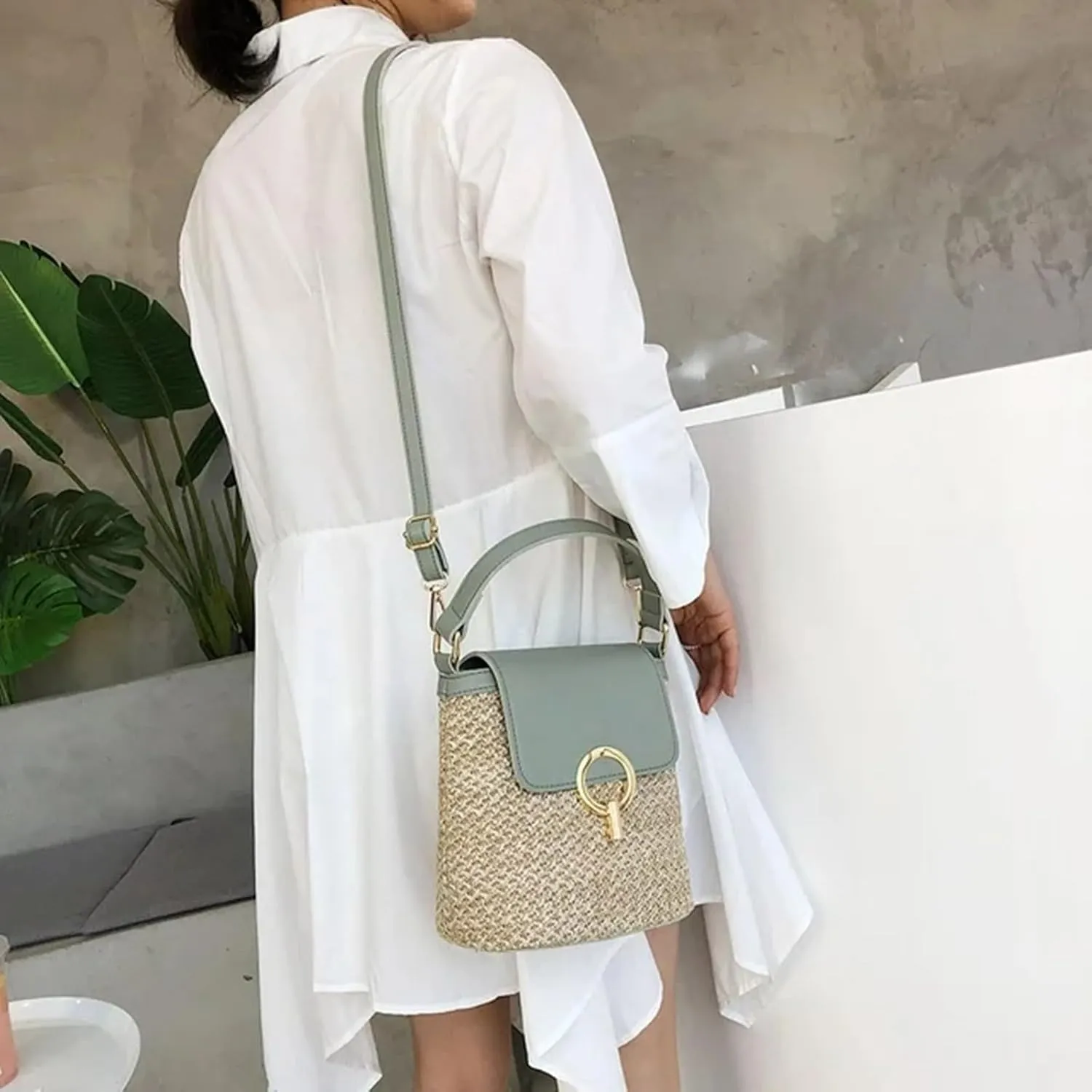 Straw Weave Women Ladies Bucket Handbags Summer Beach Shoulder Bags Lap Purse (C, One Size)